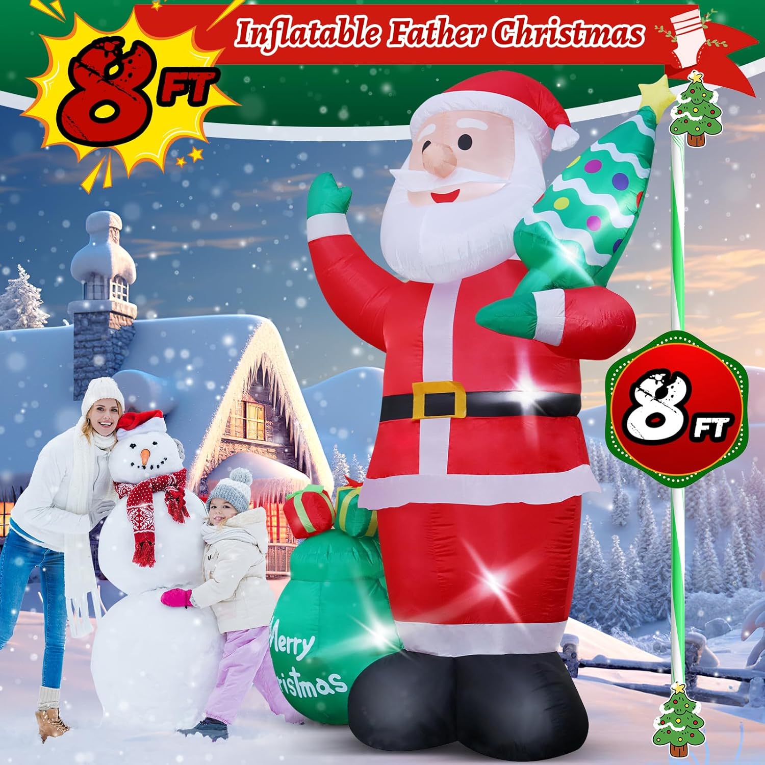 8FT Giant Christmas Inflatables Blow Up Santa Claus with Christmas Tree for Garden Yard