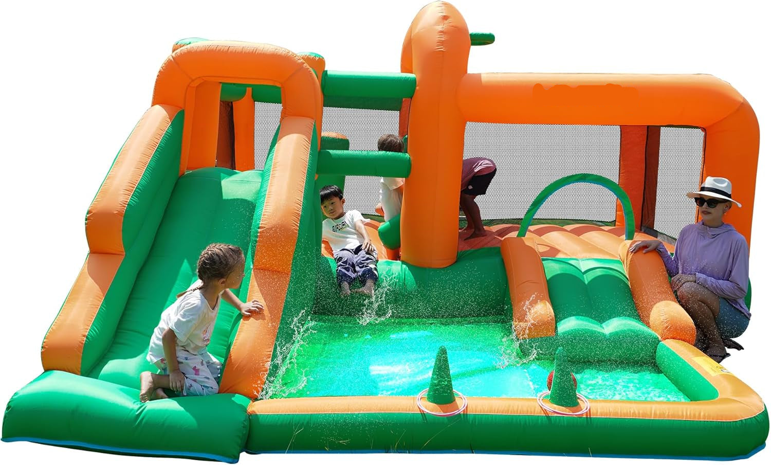Castillo inflable con toboganes dobles y piscina de pelotas para niños