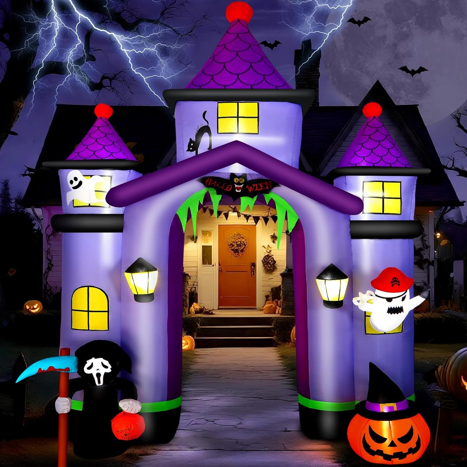 11.6FT Halloween Inflatable Arch Outdoor Decoration with Built-in LEDs Lights, Large Blow Up Purple Castle Archway with Ghost & Pumpkin for Outside/Indoor Xmas,Yard,Garden,Lawn,Holiday Decor