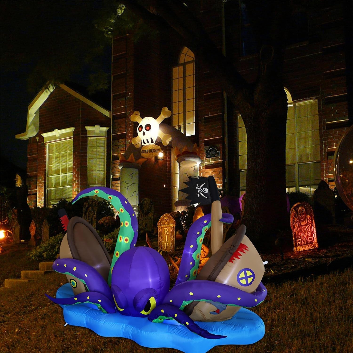 Halloween Inflatable Lighted Giant Octopus Attacked Pirate Ship, 7.5FT Long Spooky Purple Octopus & Haunted Ship with Lights, Animated Halloween Yard Prop, Outdoor Garden Lawn Blow up Decor