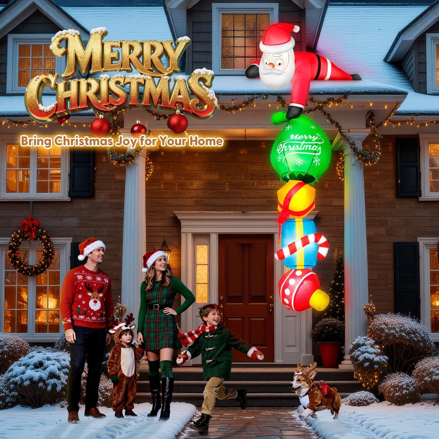 8FT Hanging Christmas Inflatable Outdoor Decoration Climbing Santa Pulling Gift Box Bag Funny Christmas Blow Up Yard Decorations with Built-in LEDs for Roof Balcony Window Tree Xmas Decor