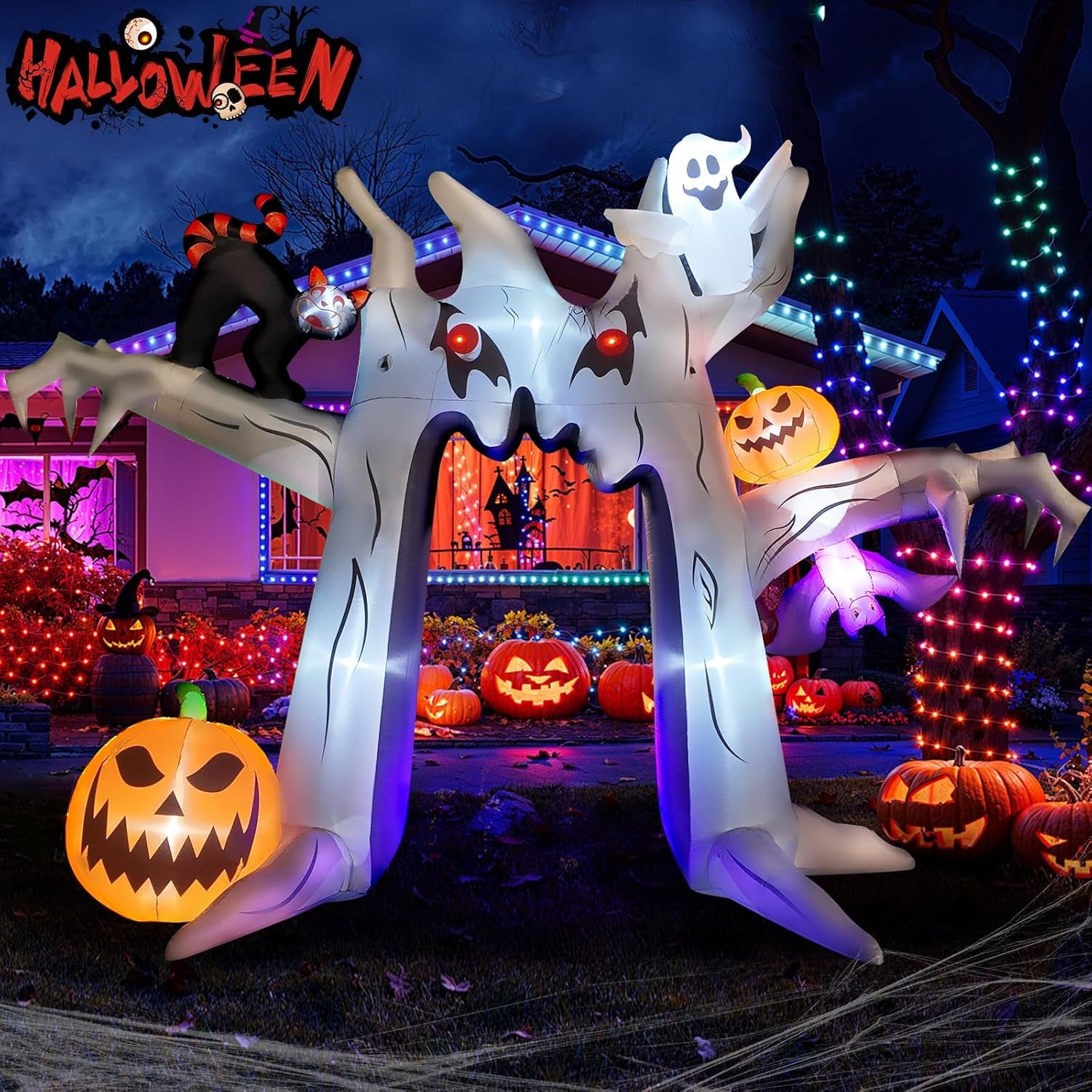 10FT Halloween Inflatable Archway, Giant Blow up Arch Yard Decorations withTree, Pumpkin, Bat, Ghost &Cat, Outdoor Halloween Decorations Build-in LEDs Lights for Yard, Party, Garden, Lawn