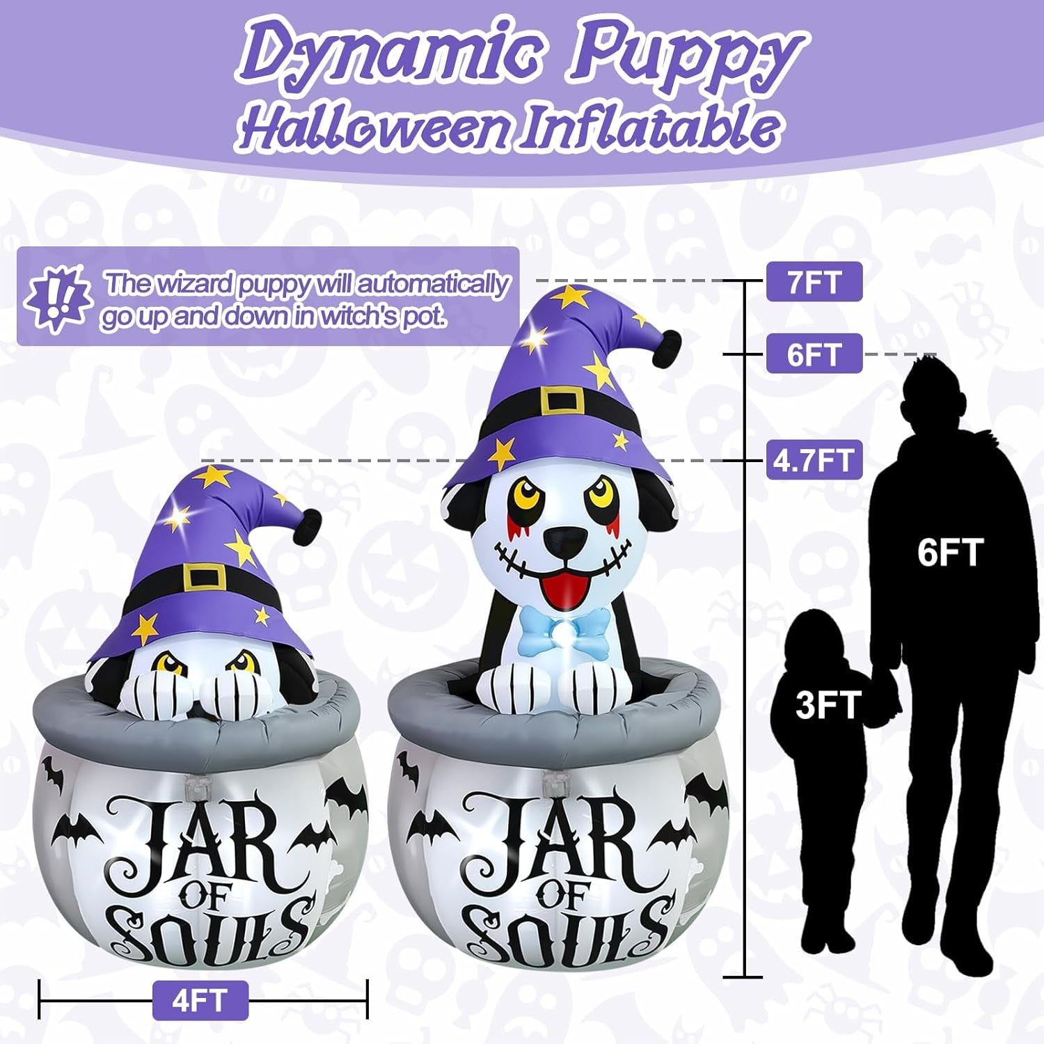 7FT Halloween Inflatables Animated Puppy Dog with Music, Witch Cauldron Halloween Blow Up Yard Decoration with Built-in LEDs for Indoor Outdoor Holiday Party Garden Lawn Decor