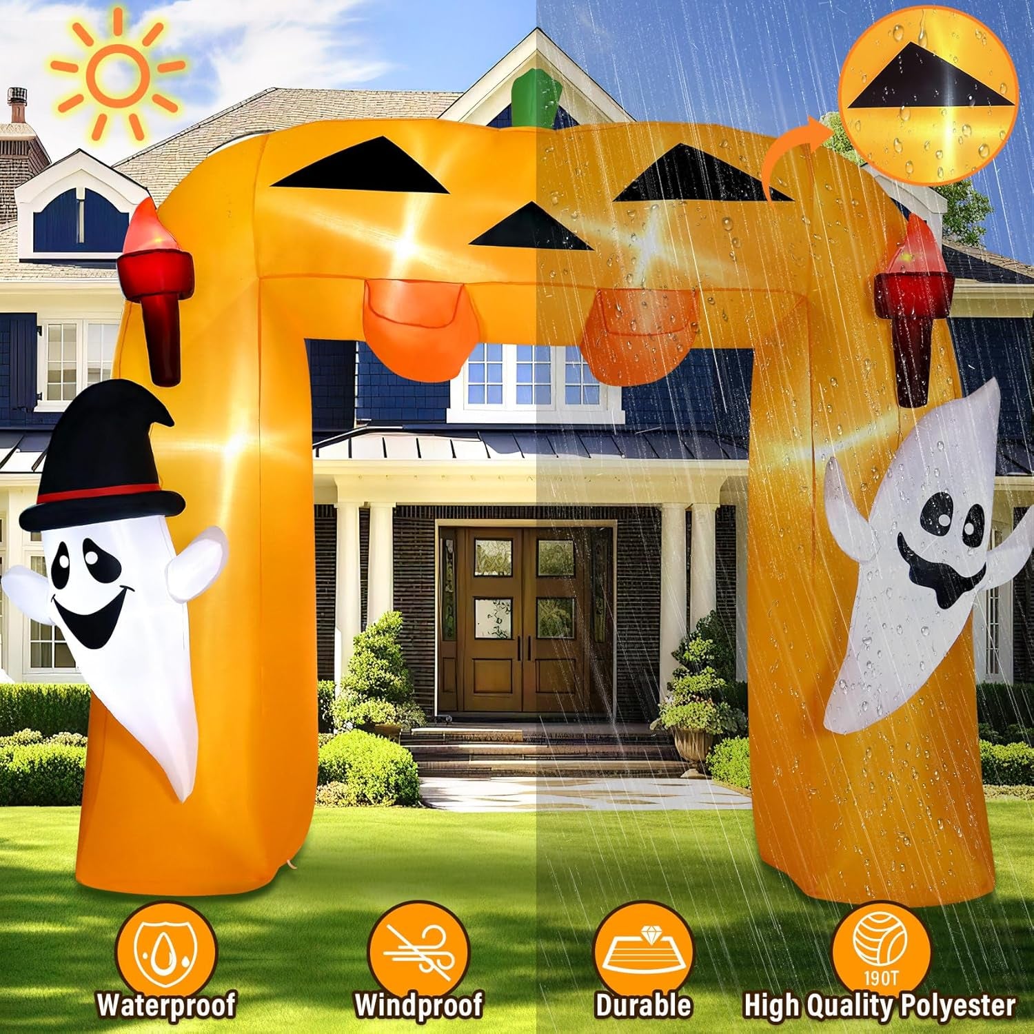 9FT Giant Halloween Inflatable Pumpkin Arch with Ghost Outdoor Decoration,Halloween Blow Up Archway with Tombstones and Around Cauldron Built-in LED Lights Yard Decorations Parties