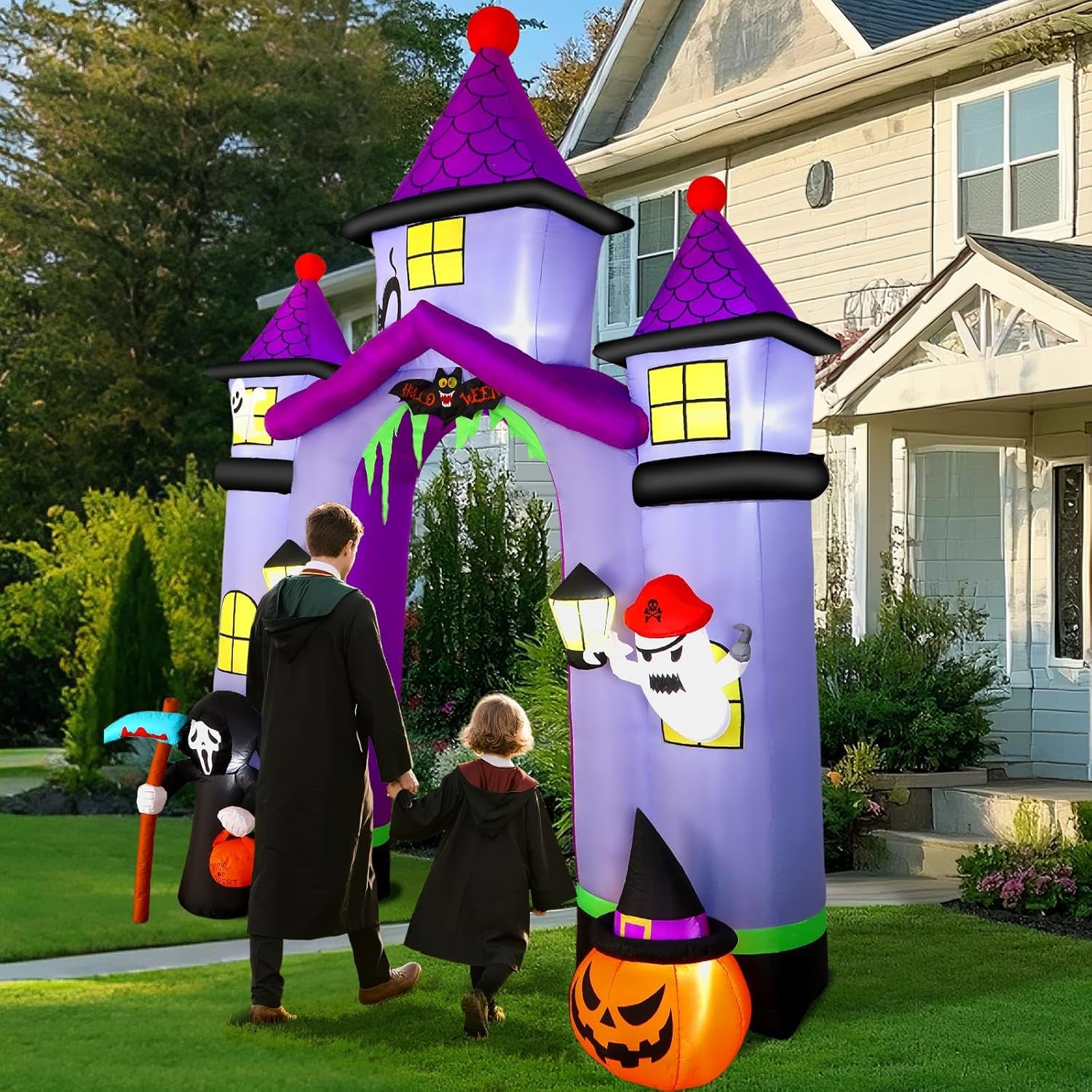 11.6FT Halloween Inflatable Arch Outdoor Decoration with Built-in LEDs Lights, Large Blow Up Purple Castle Archway with Ghost & Pumpkin for Outside/Indoor Xmas,Yard,Garden,Lawn,Holiday Decor