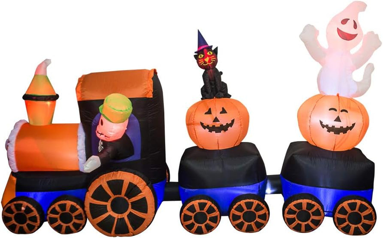 9 Feet Halloween Inflatable Train with Kittens White Ghosts/Pumpkin with LED Lights Blow up Lighted Yard Decor Giant Lawn Halloween Inflatable Home Garden Party Favor Decoration