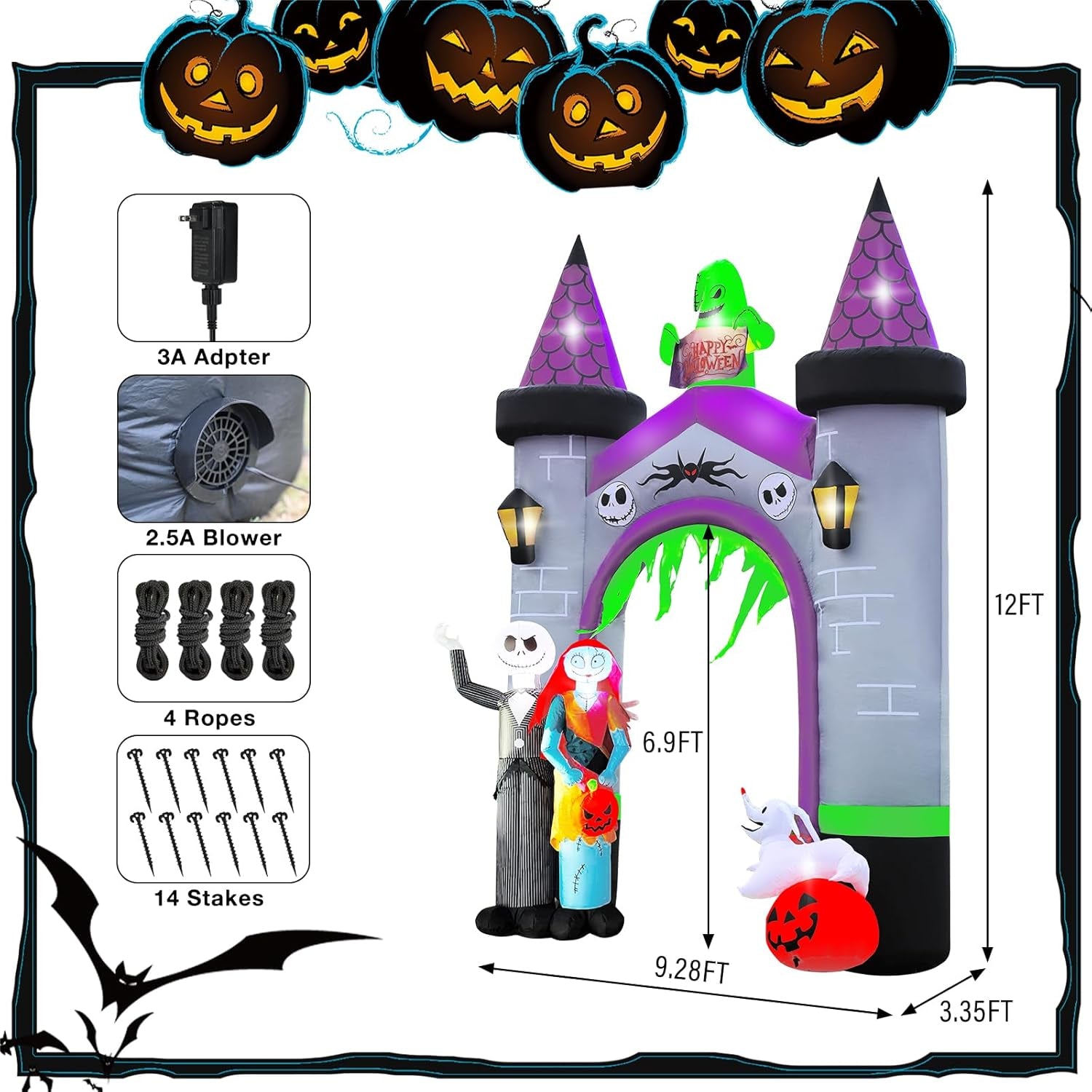 Inflatable Archway Halloween Outdoor Decoration –12FT Blow Up Arch with LED Light for Yard, Entryway, Haunted House, Pumpkin Tunnel, Witch & Skull Arch (Inflatable Archway Halloween)