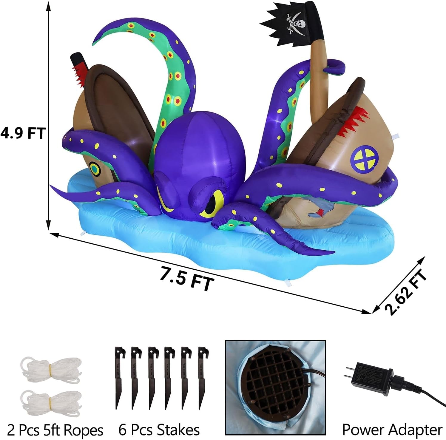 Halloween Inflatable Lighted Giant Octopus Attacked Pirate Ship, 7.5FT Long Spooky Purple Octopus & Haunted Ship with Lights, Animated Halloween Yard Prop, Outdoor Garden Lawn Blow up Decor