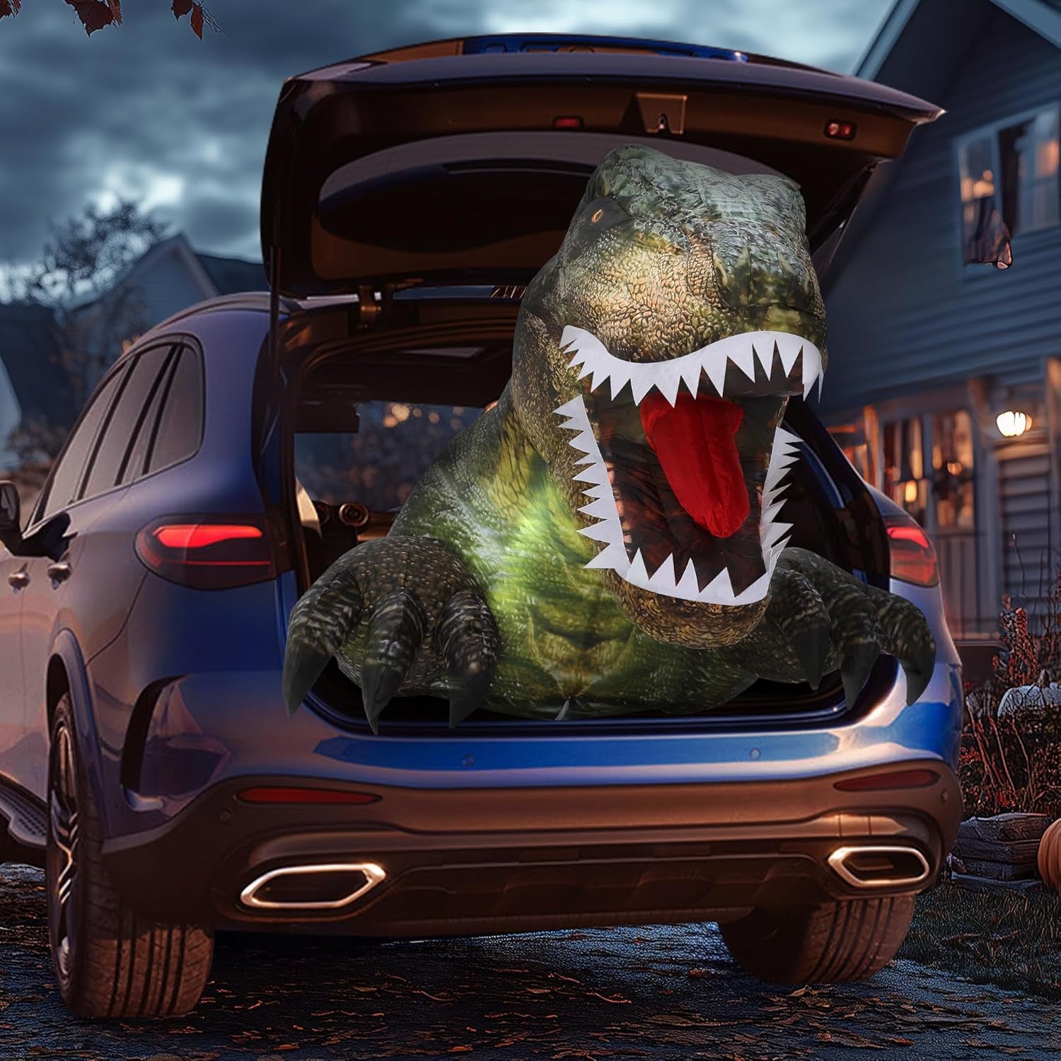 3.6 FT Halloween Inflatable Outdoor Decorations, Trunk or Treat Car Decorations, Halloween Blow Ups Animated Dinosaur with LEDs for Halloween Decor