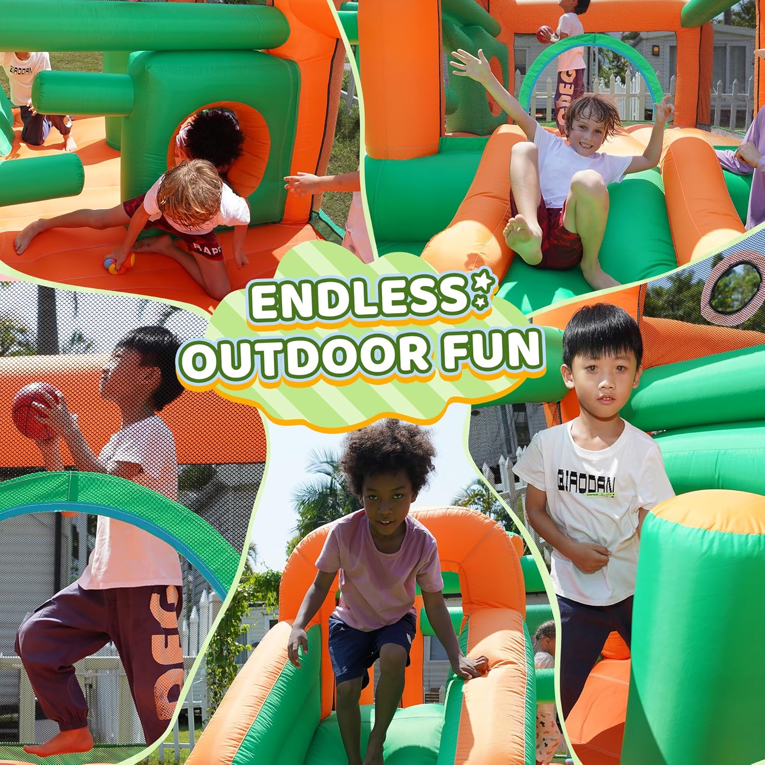 Castillo inflable con toboganes dobles y piscina de pelotas para niños