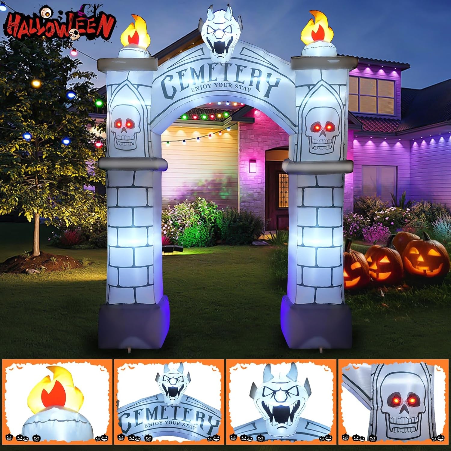 9.5FT Halloween Inflatable Archway, Giant Blow up Arch Yard Decorations with Skeleton, CEMETERY, Wisp, Demon, Outdoor Halloween Decorations Build-In Leds Lights for Yard, Party, Garden, Lawn