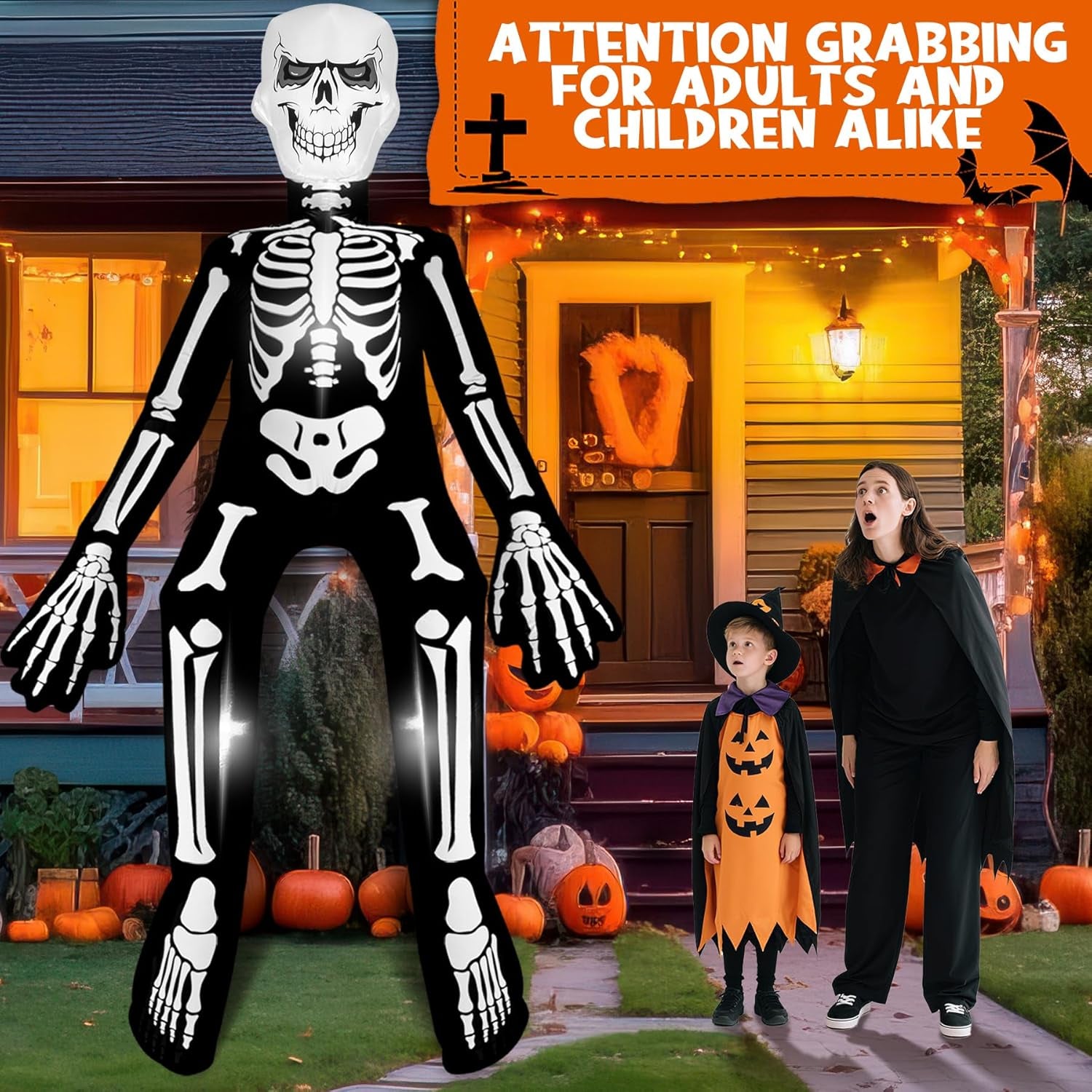 12 Ft Halloween Inflatable Decoration, Giant Skeleton Ghost Built-In LED Lights, Outdoor Blow up Yard Fun Decor, for 2025 All Hallows' Day Lawn Decor