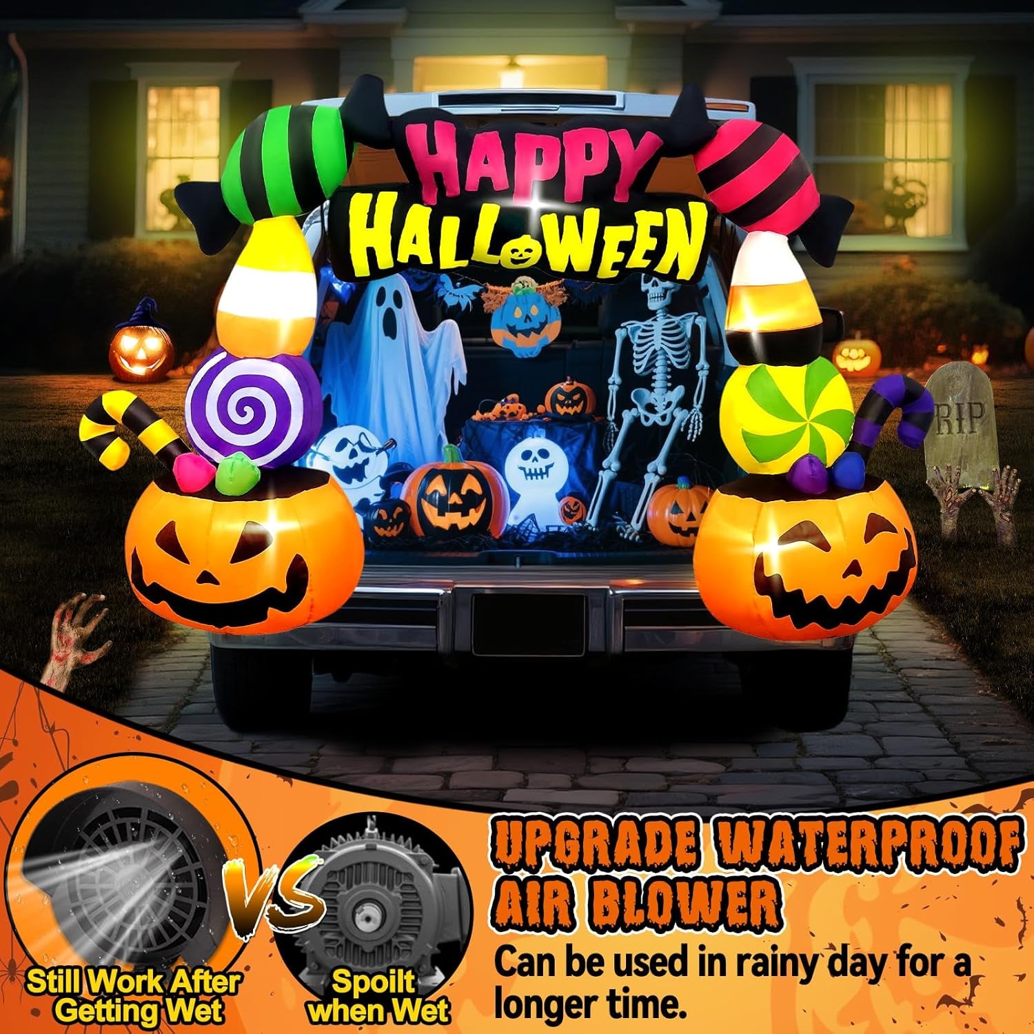6FT Height Halloween Inflatables Trunk or Treat Car Decorations, Candy Pumpkin Arch Blow up Decorations with Built-in LED Lights Up for Halloween Party Lawn Yard SUV Car Luggage Decor
