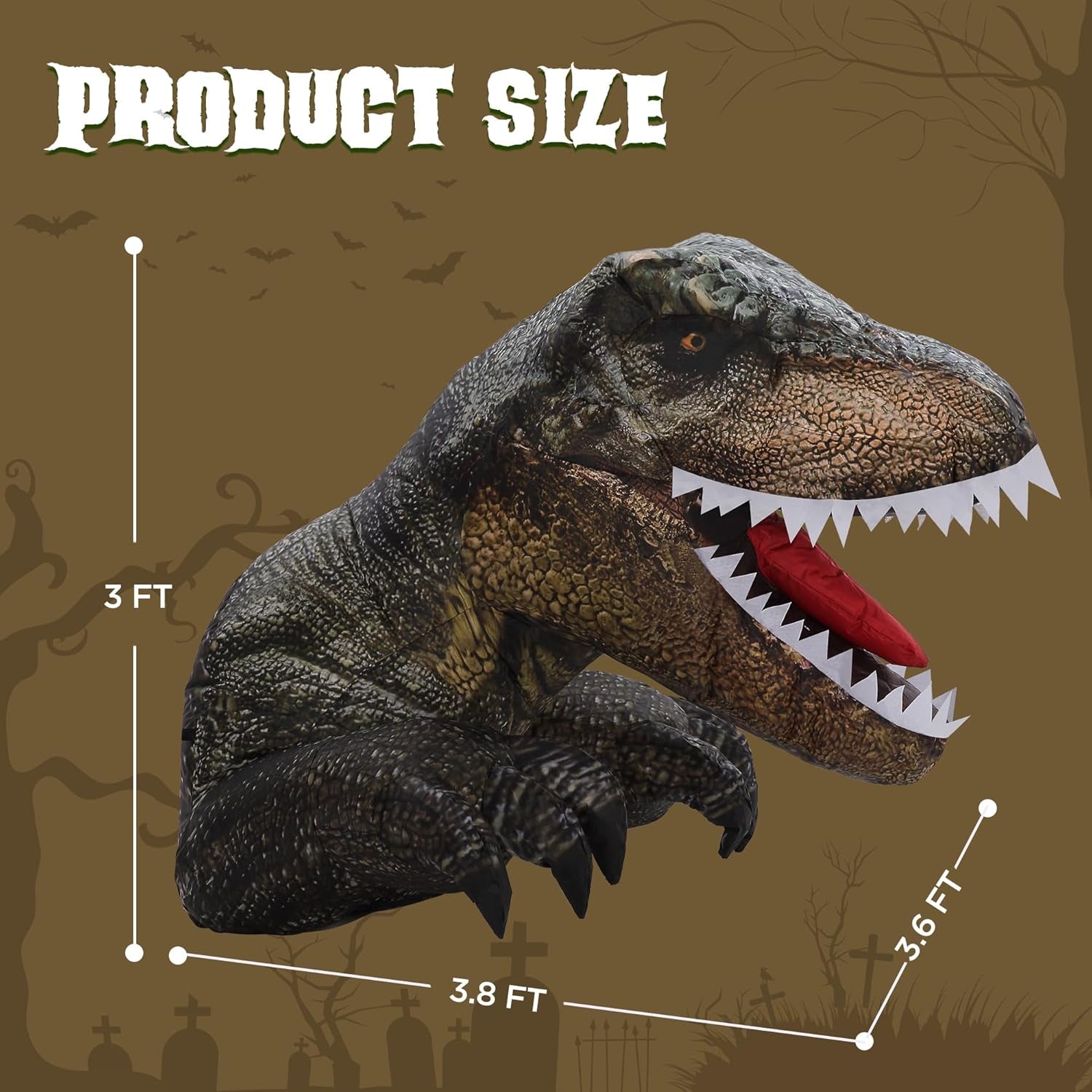 3.6 FT Halloween Inflatable Outdoor Decorations, Trunk or Treat Car Decorations, Halloween Blow Ups Animated Dinosaur with LEDs for Halloween Decor