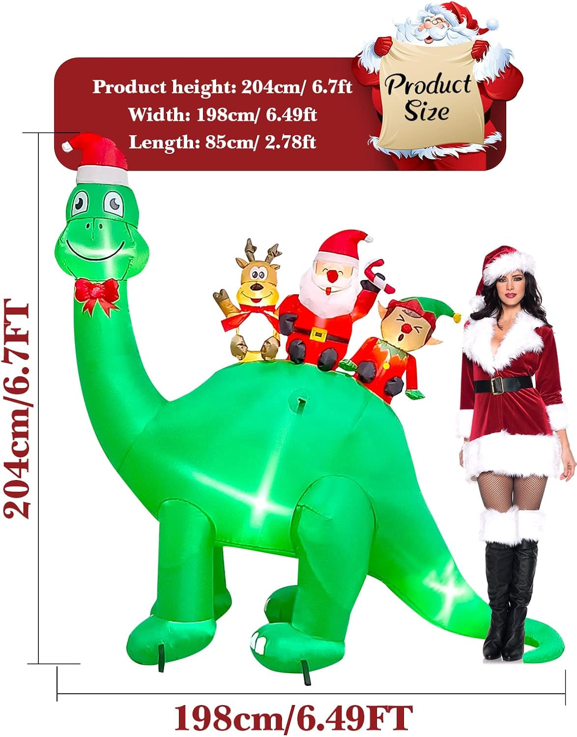 7Ft Christmas Inflatables Outdoor Decorations Dinosaur with Elk Elf Santa Claus Blow Up Yard Decorations with Built-in LED Lights for Garden Lawn Outdoor Yard Xmas Winter Holiday Supplies