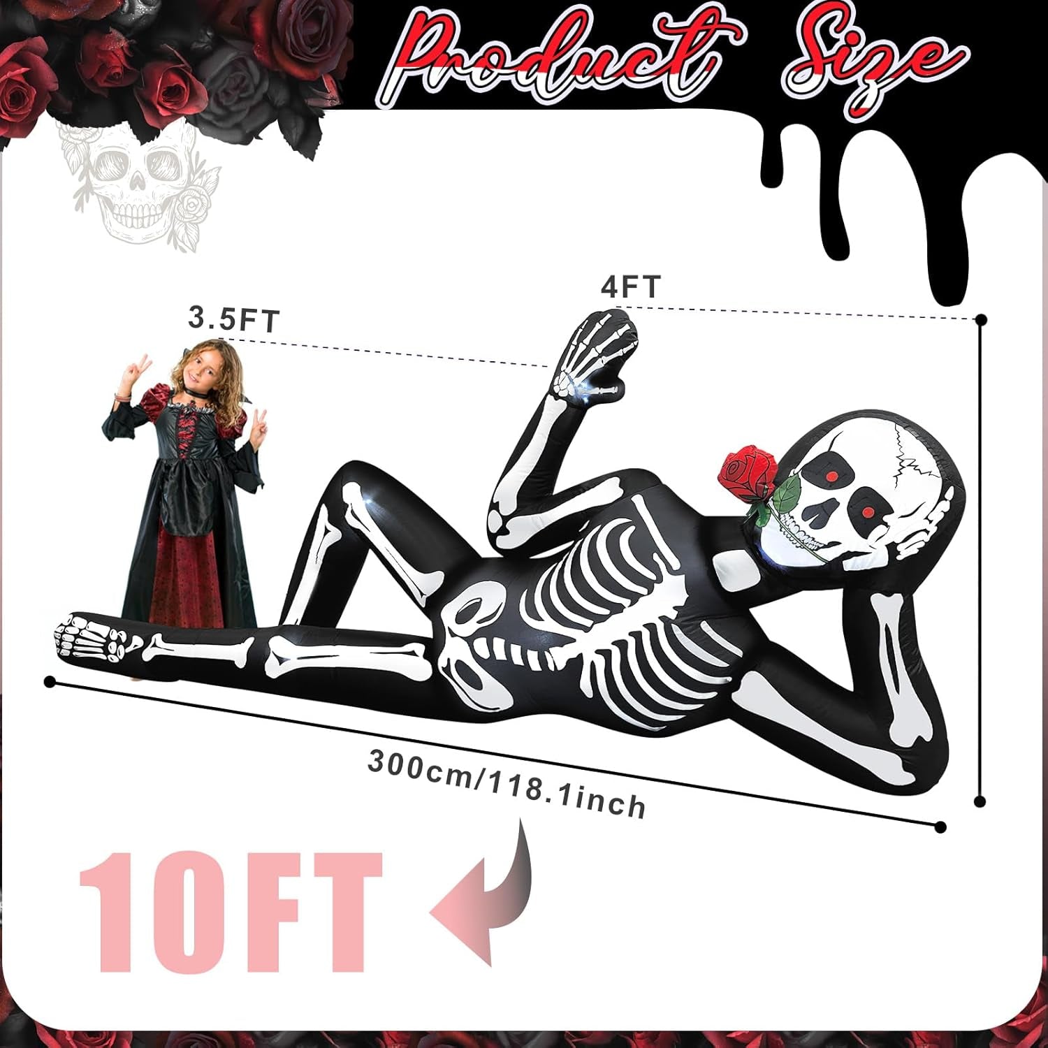 10FT Halloween Inflatables Skeleton Outdoor Decorations, Giant Lying Inflatable Skeletons with Glowing Red Eyes, Scary Halloween Blow Ups Yard Decorations for outside Lawn, Garden, Roof