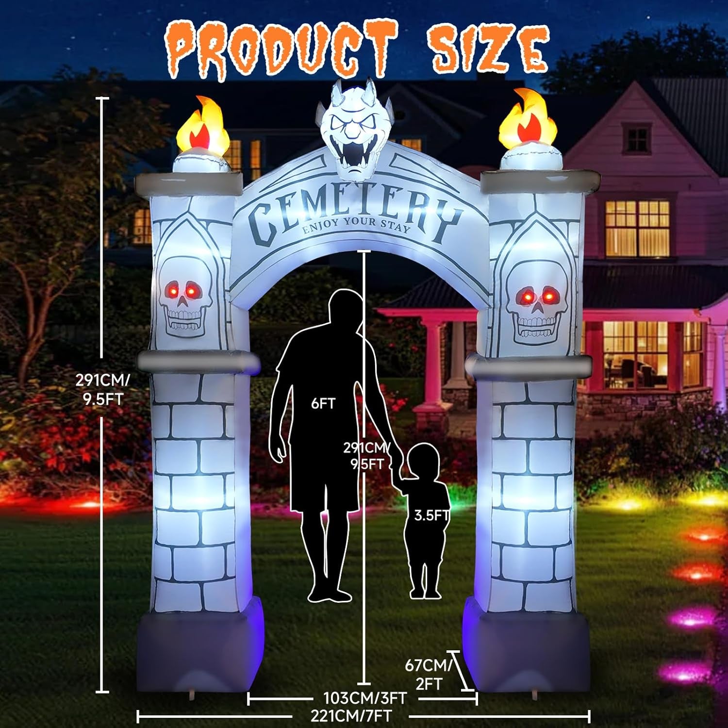 9.5FT Halloween Inflatable Archway, Giant Blow up Arch Yard Decorations with Skeleton, CEMETERY, Wisp, Demon, Outdoor Halloween Decorations Build-In Leds Lights for Yard, Party, Garden, Lawn