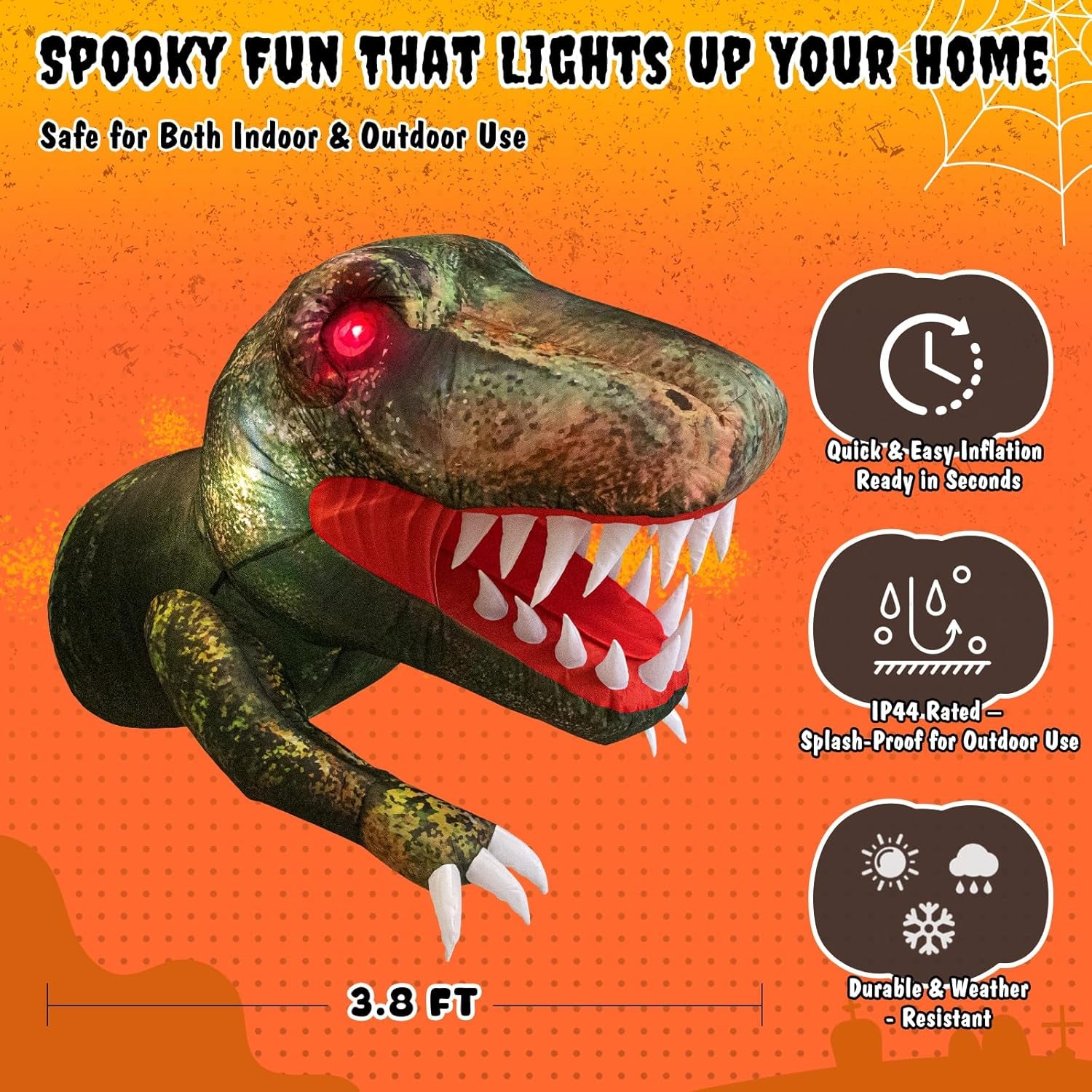 Halloween Inflatable Outdoor Decorations, 3.8FT Trunk or Treat Car Decorations, Blow Up Animated Dinosaur with Flashing Red LED Eyes for Halloween Yard Decoration