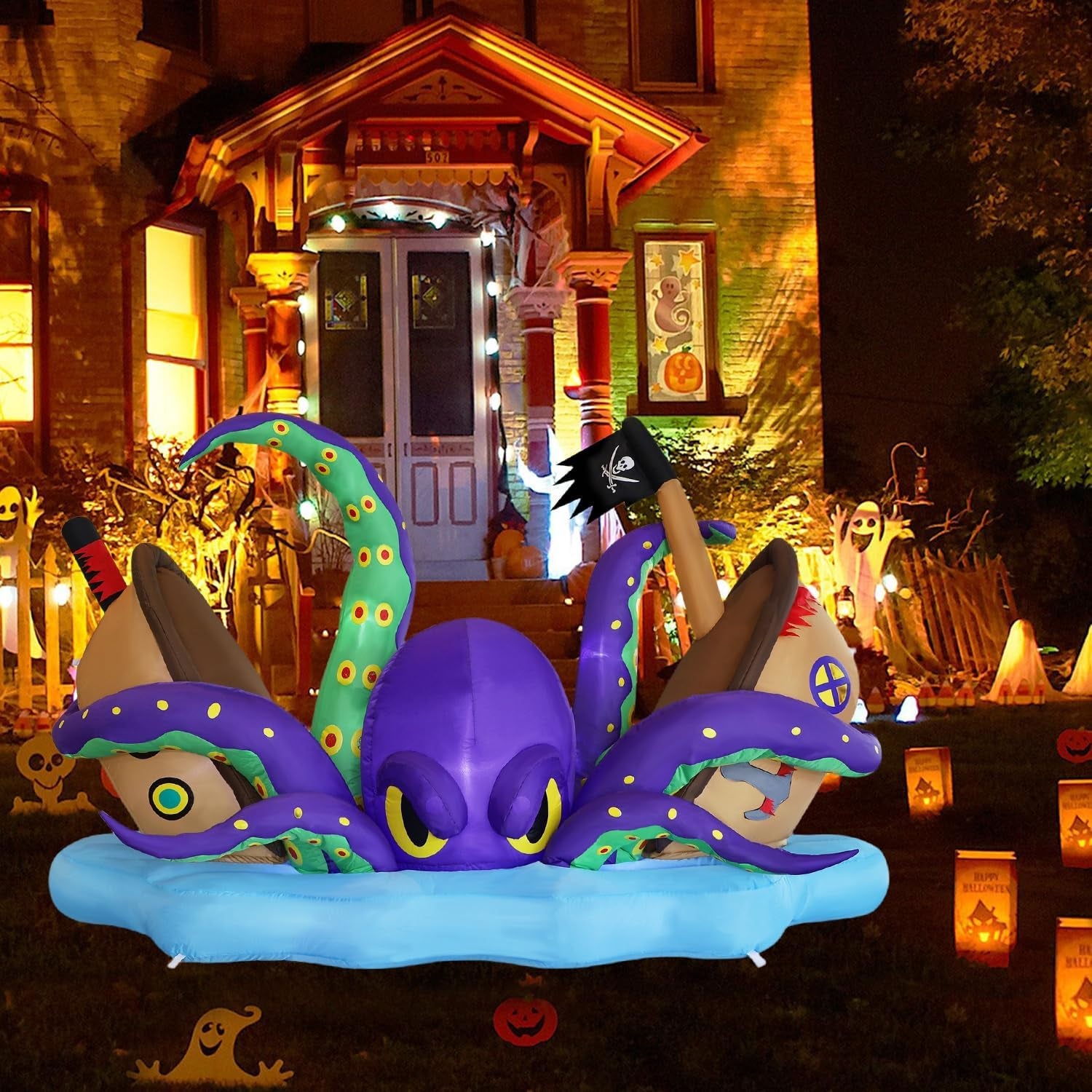 Halloween Inflatable Lighted Giant Octopus Attacked Pirate Ship, 7.5FT Long Spooky Purple Octopus & Haunted Ship with Lights, Animated Halloween Yard Prop, Outdoor Garden Lawn Blow up Decor