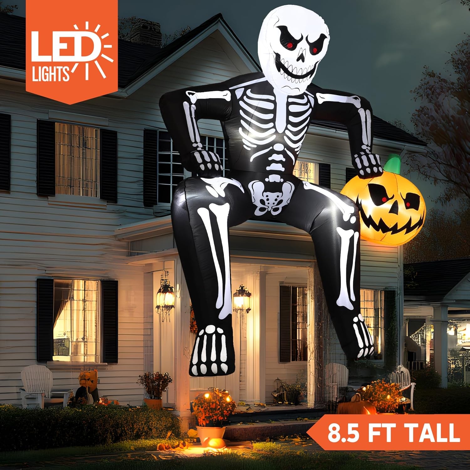 8.5ft Halloween Inflatable Skeleton, Blow Up Skeleton Holding Pumpkin for Rooftop Outdoor Decoration with LED Light, Blow Up Skeleton Sitting On The Roof for Halloween Rooftop Yard Party Decor