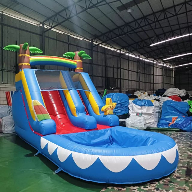 Blue Inflatable Tropical Water Slide for Kids Party