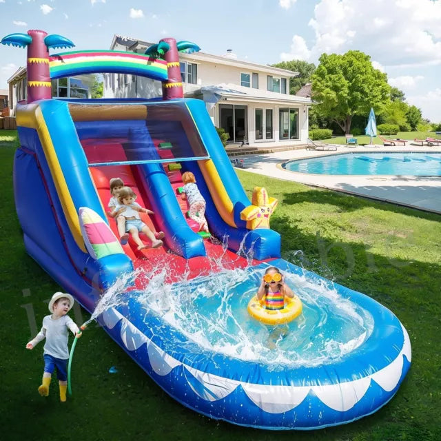 Blue Inflatable Tropical Water Slide for Kids Party