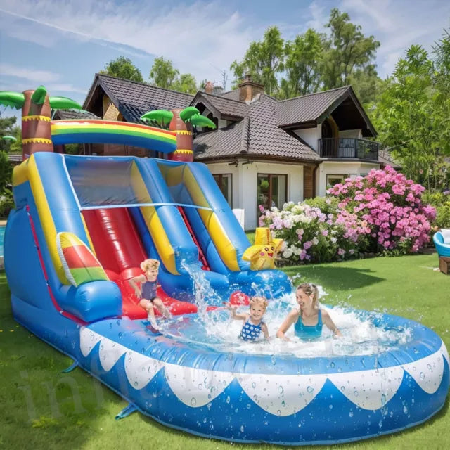 Blue Inflatable Tropical Water Slide for Kids Party