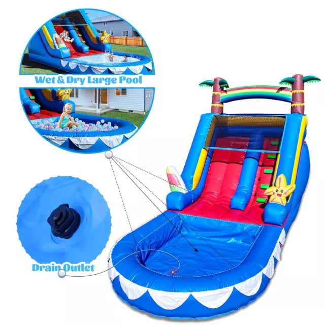 Blue Inflatable Tropical Water Slide for Kids Party