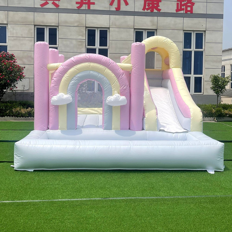 Pastel Rainbow Inflatable Bounce House Slide