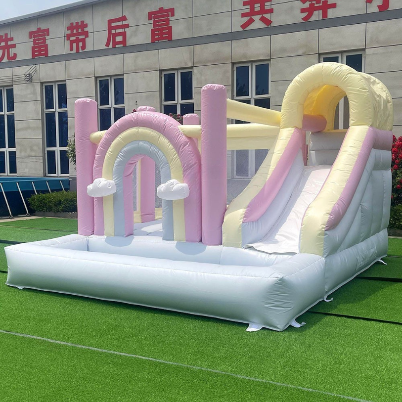 Pastel Rainbow Inflatable Bounce House Slide