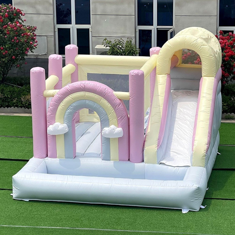Pastel Rainbow Inflatable Bounce House Slide