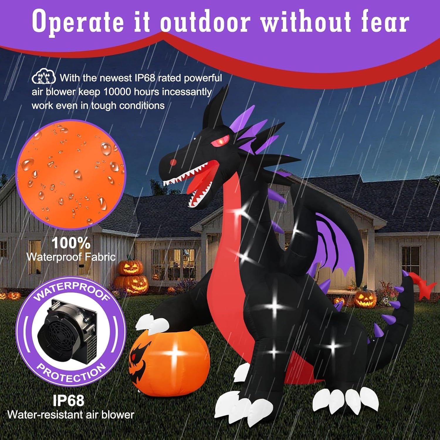 10Ft Tall Halloween Inflatables Giant Pumpkin Dragon Outdoor Decorations, Huge Blow up Pterosaur Yard Decor Build-In 17 Led Lights for outside Holiday Party Lawn Garden