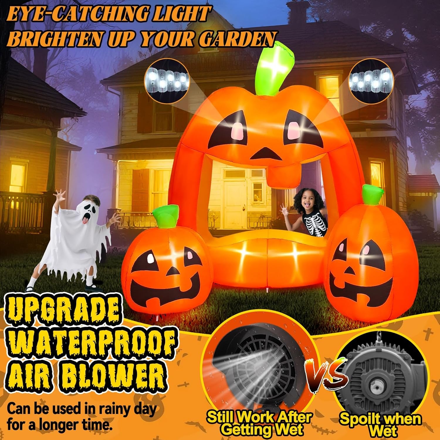 7ft Halloween Inflatables Pumpkin Photo Booth, Blow Up Quirky Pumpkin Photo Frame Inflatables Build-in LEDs Holiday Blow Up Inflate Decorations for Outdoor, Indoor, Lawn, Yard Display Decor