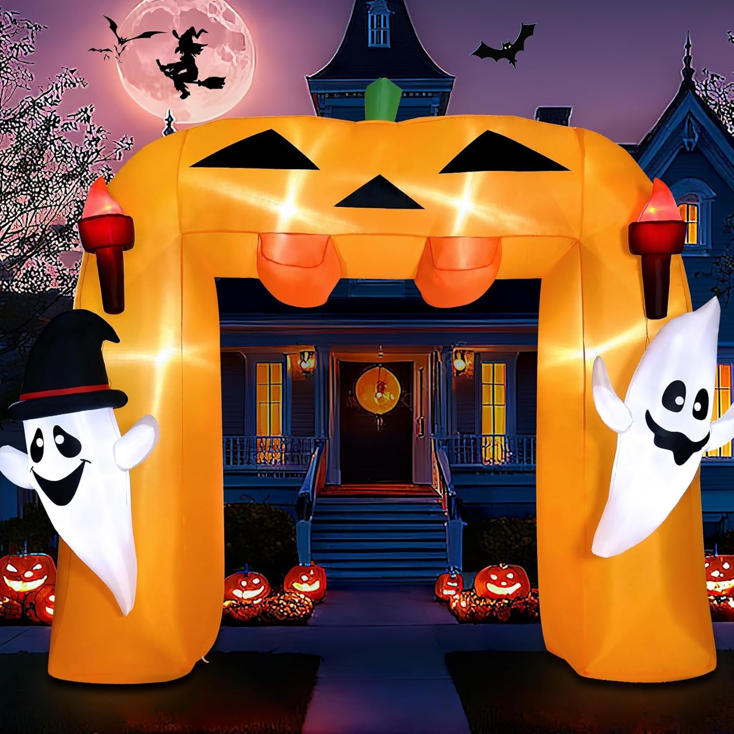9FT Giant Halloween Inflatable Pumpkin Arch with Ghost Outdoor Decoration,Halloween Blow Up Archway with Tombstones and Around Cauldron Built-in LED Lights Yard Decorations Parties
