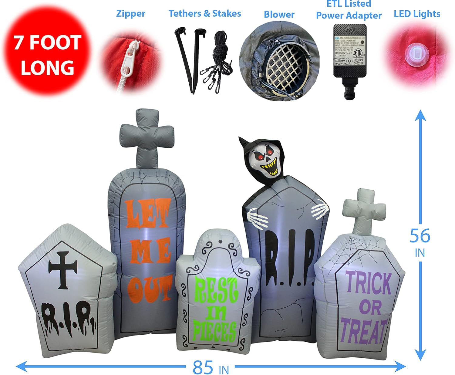 7 Foot Long Halloween Inflatable Tombstones Pathway Scene Haunted House Prop Grim Reaper LED Lights Decor Outdoor Indoor Holiday Decorations, Blow up Lighted Yard Decor, Lawn Inflatables Home Family