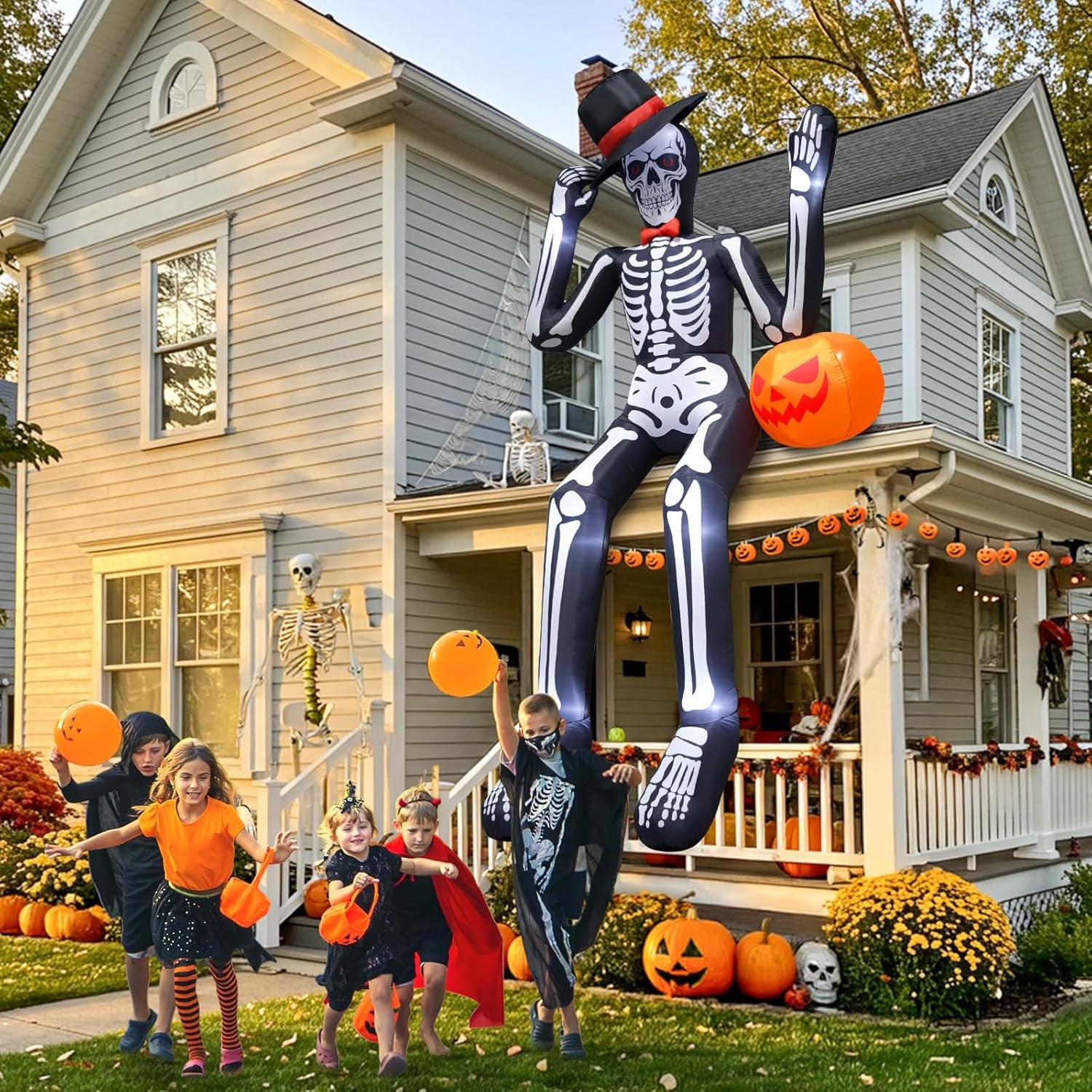 12 FT Halloween Inflatable Outdoor Decoration, Giant Sitting Skeleton Halloween Blow up Yard Decorations with Built-in LEDs, Scary Halloween Inflatables for Roof Balcony Lawn Garden Decor