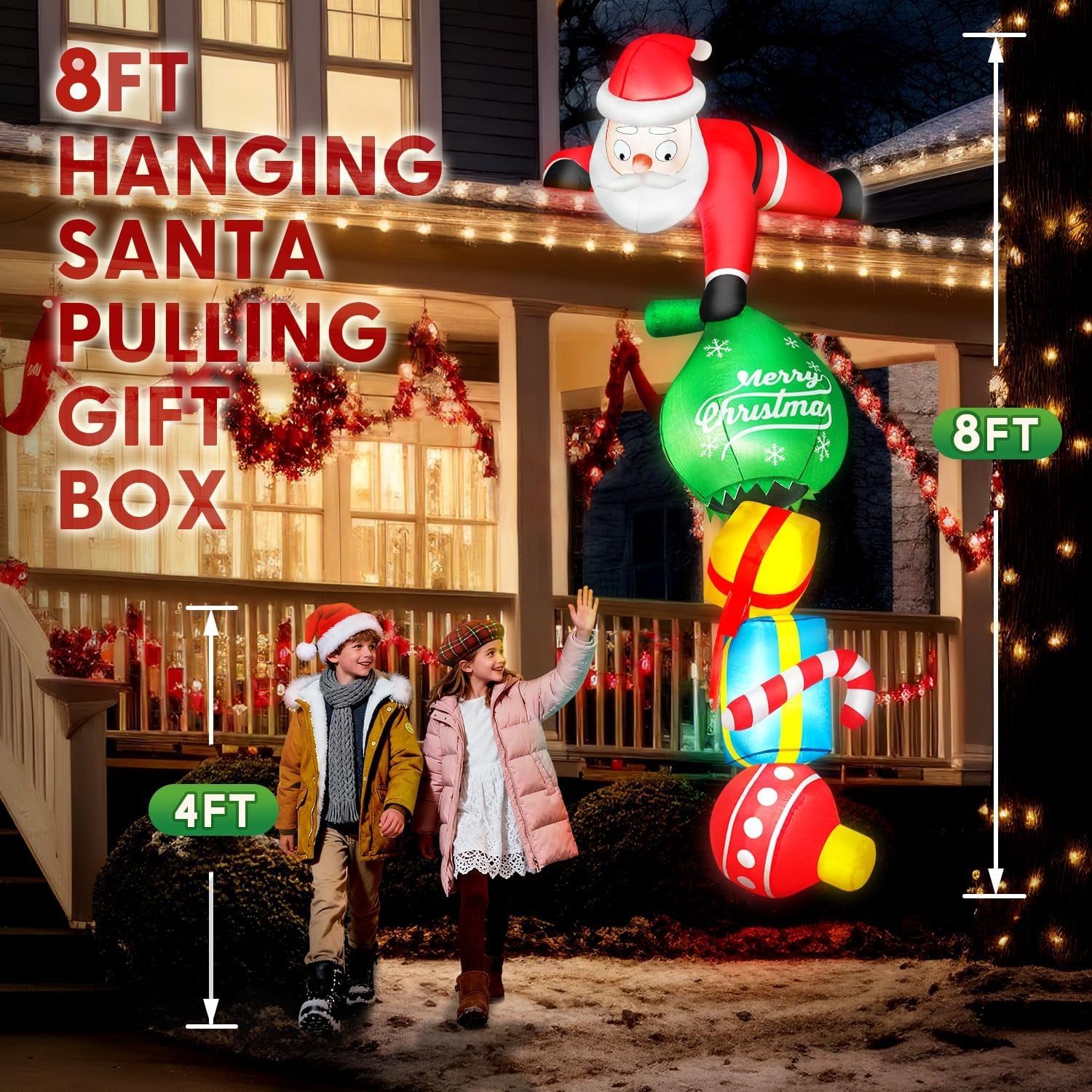 8FT Hanging Christmas Inflatable Outdoor Decoration Climbing Santa Pulling Gift Box Bag Funny Christmas Blow Up Yard Decorations with Built-in LEDs for Roof Balcony Window Tree Xmas Decor