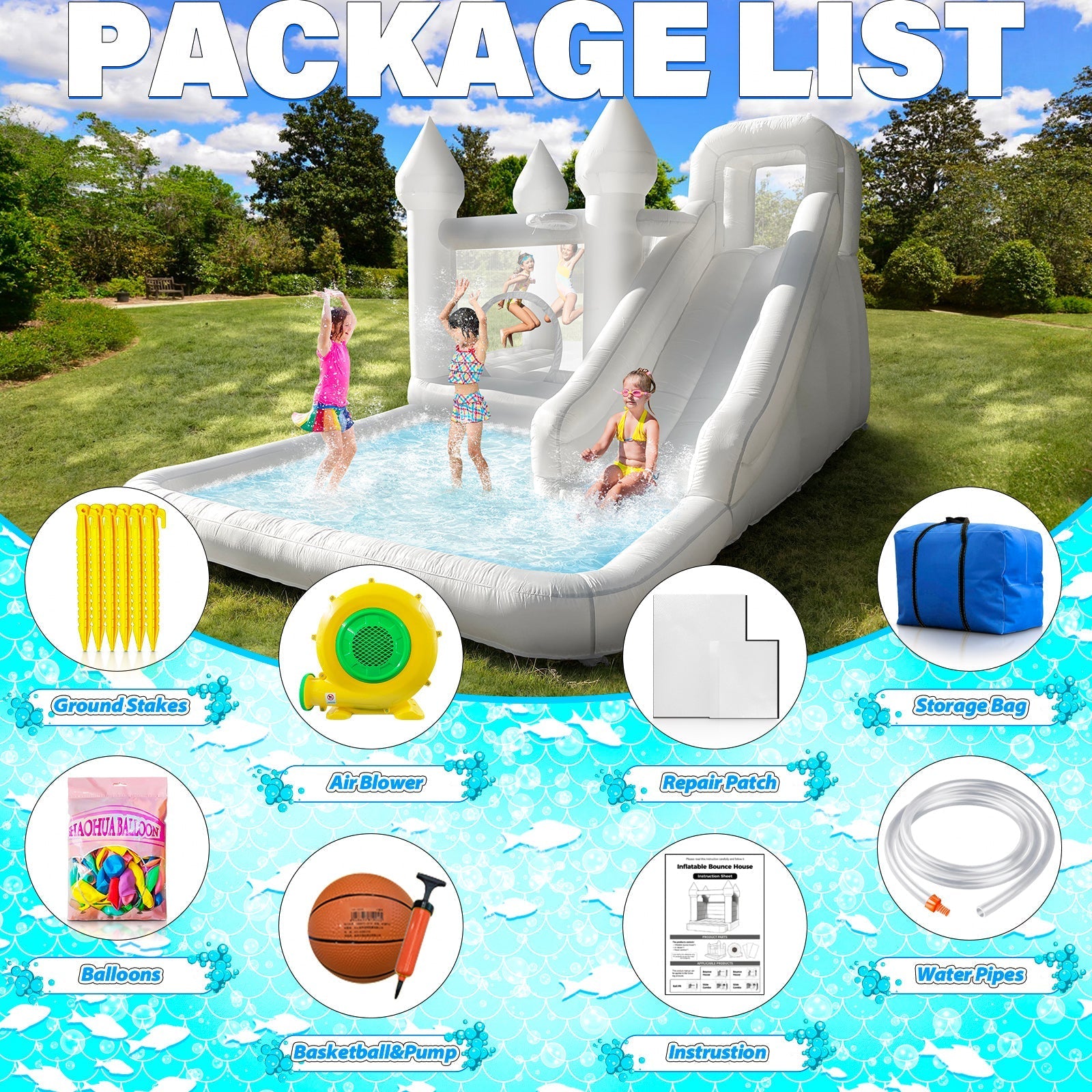 White Bounce House with Slide and Ball Pit