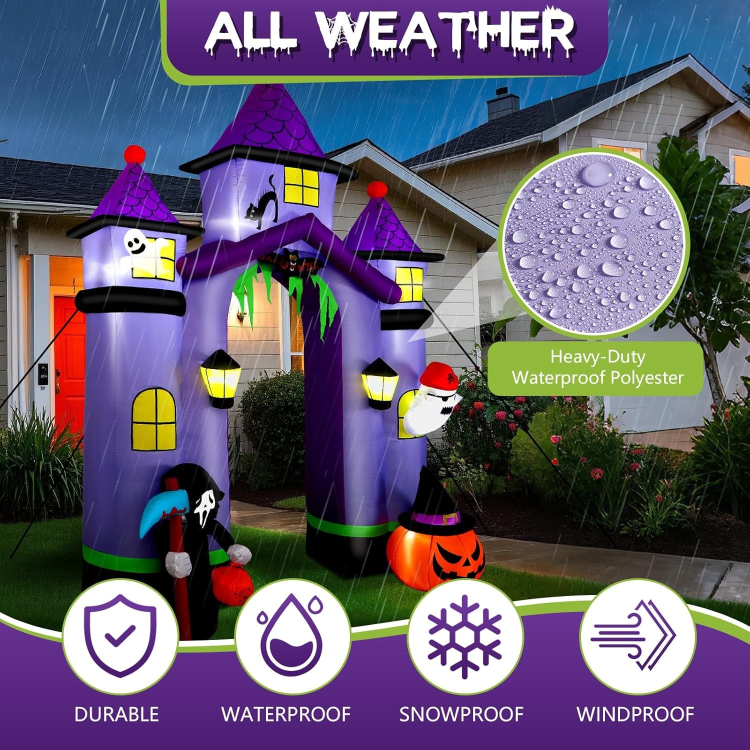 11.6FT Halloween Inflatable Arch Outdoor Decoration with Built-in LEDs Lights, Large Blow Up Purple Castle Archway with Ghost & Pumpkin for Outside/Indoor Xmas,Yard,Garden,Lawn,Holiday Decor