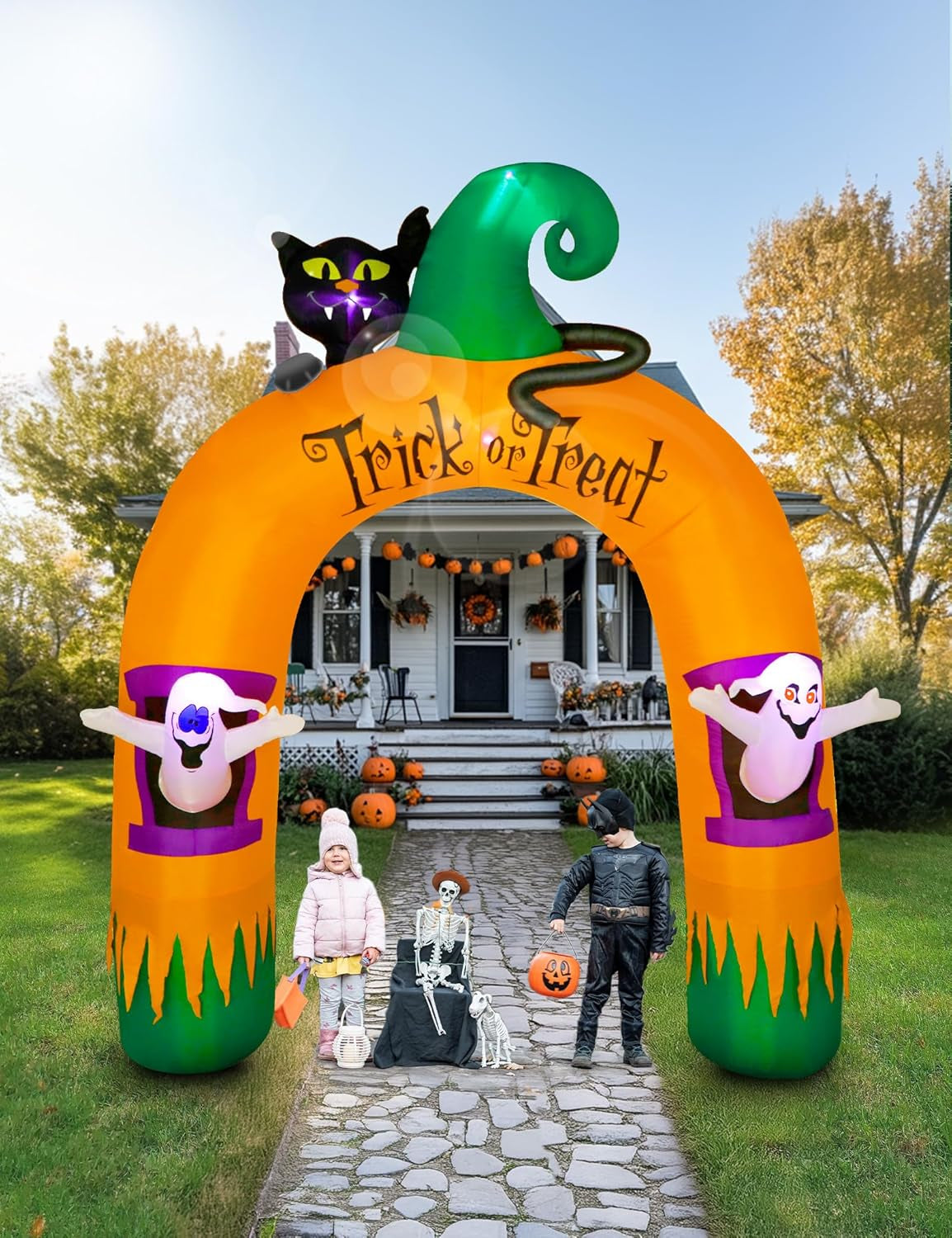 10FT Large Halloween Inflatable Archway Decoration, Halloween Blow Up Lighted Archway with Ghost & Black Cat & Cornucopia, Trick & Treat Yard Garden Patio Lawn Outside Decor