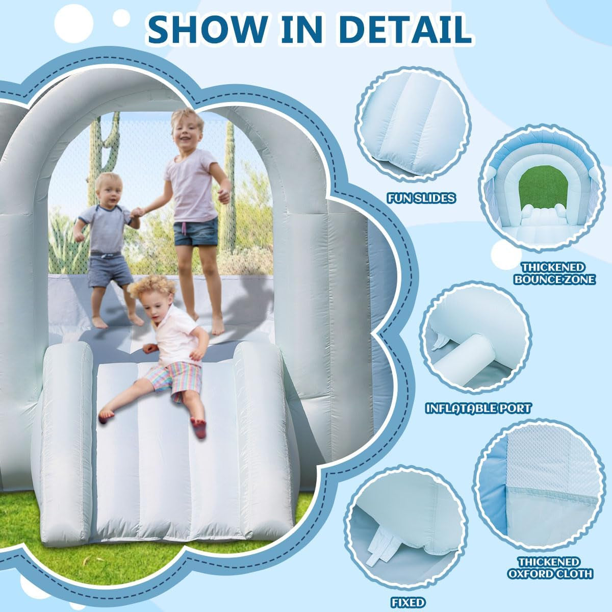 Bounce House, Inflatable Bounce House for Kids 3-8, White Blue Dream Bounce Castle with Blower, Large Jumping Area, Slide, DIY Rainbow Shaped Arched Doors, Perfect Bouncer for Kids Party