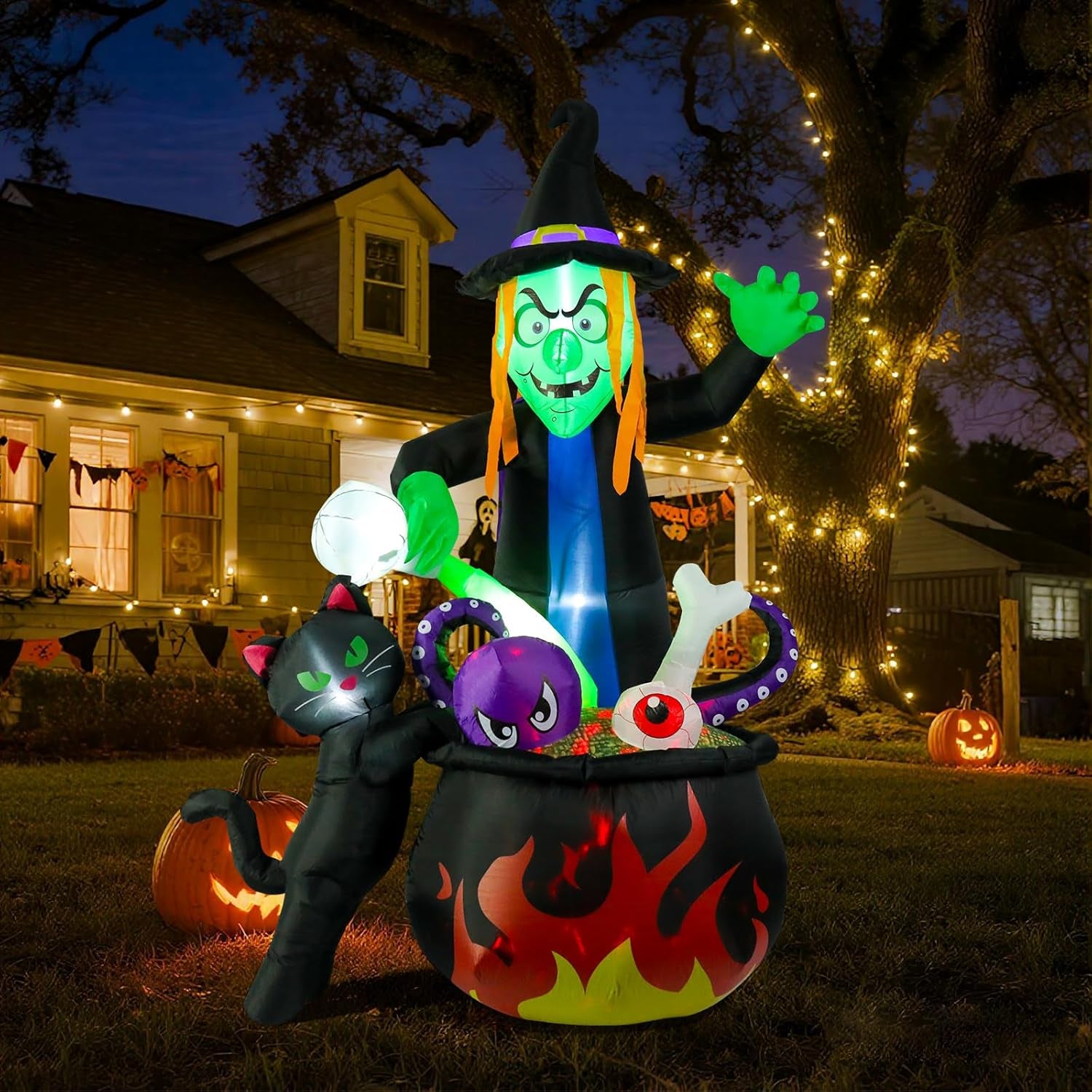 8FT Halloween Inflatable Witch Stirring Cauldron, Lighted Blow Up Yard Decoration with Cat, Tentacles & Eyeball, Giant Outdoor Prop for Lawn, Party, Haunted House