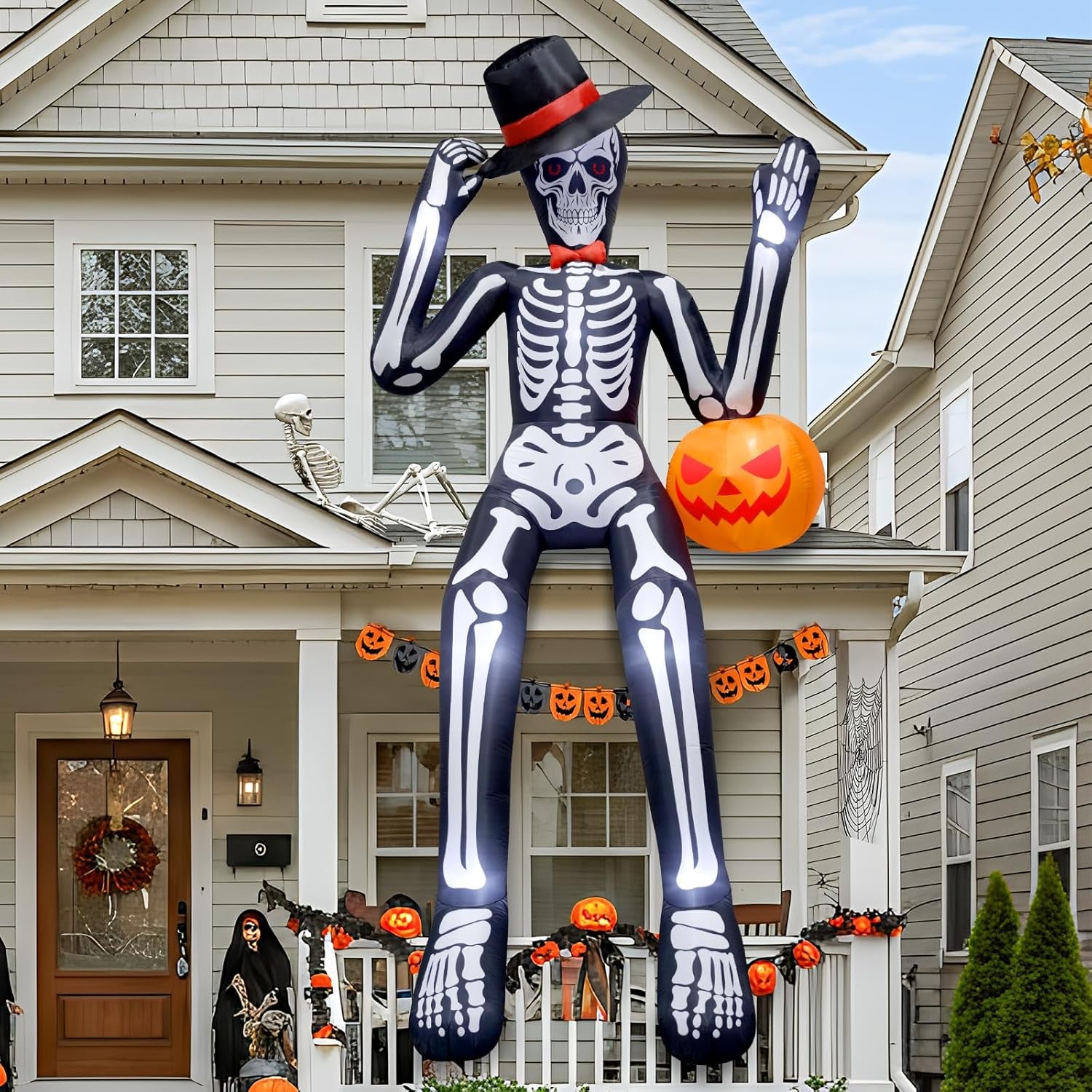 12 FT Halloween Inflatable Outdoor Decoration, Giant Sitting Skeleton Halloween Blow up Yard Decorations with Built-in LEDs, Scary Halloween Inflatables for Roof Balcony Lawn Garden Decor