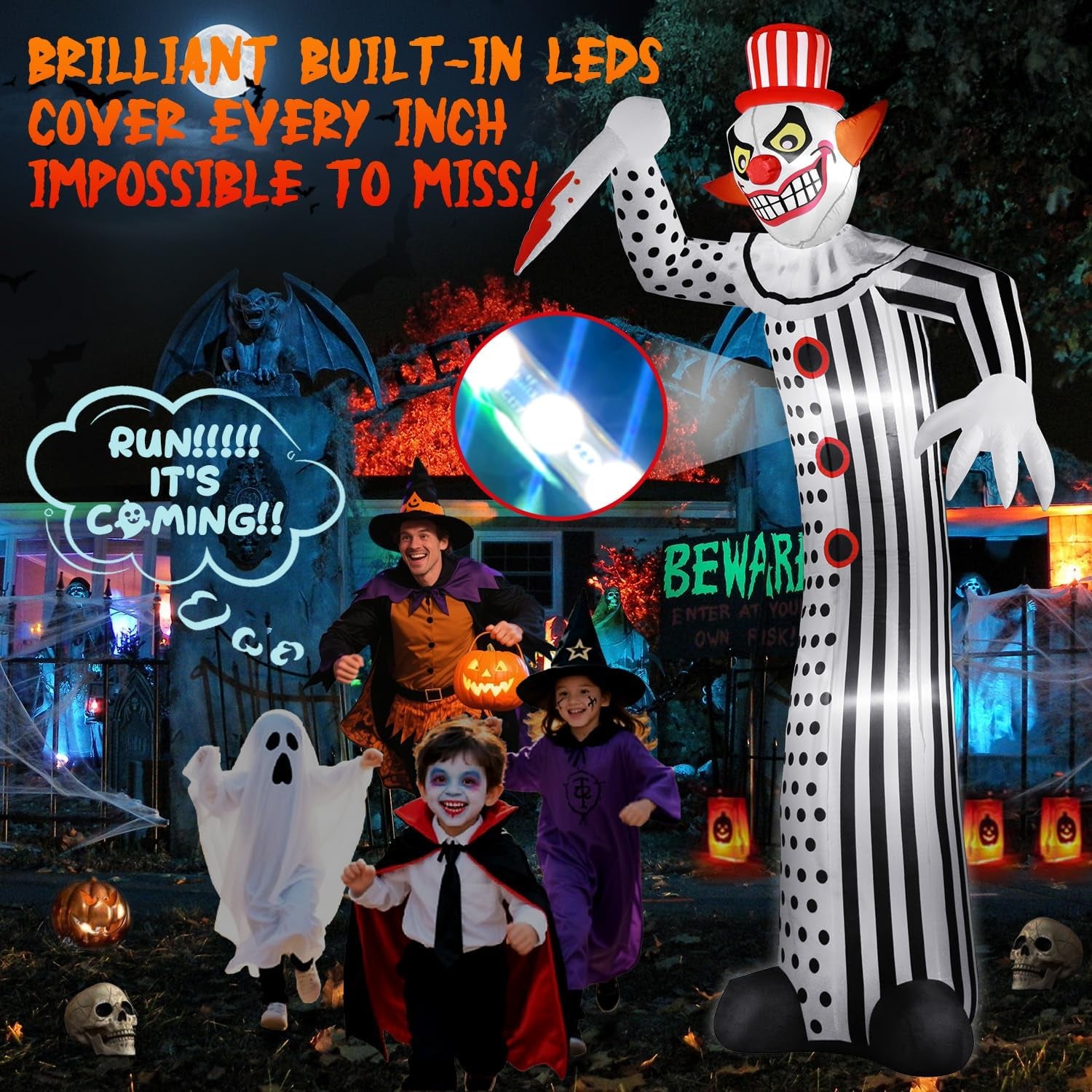 12Ft Giant Halloween Inflatables Creepy Clown, Huge Halloween Decorations Outdoor Blow up Yard Decorations Built-In Full-Body LED Light & Strong Blower for Home Decor Party Lawn