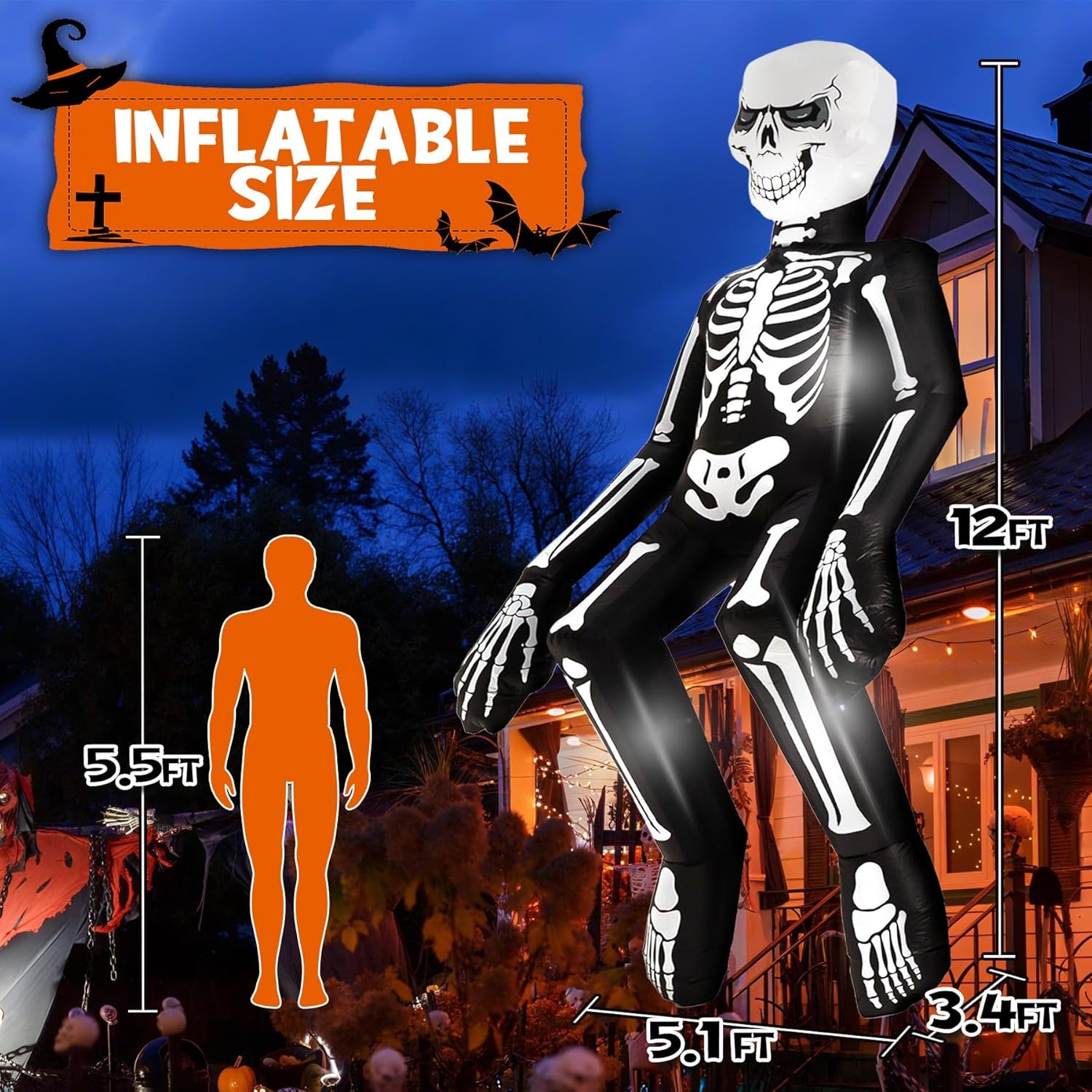 12 Ft Halloween Inflatable Decoration, Giant Skeleton Ghost Built-In LED Lights, Outdoor Blow up Yard Fun Decor, for 2025 All Hallows' Day Lawn Decor