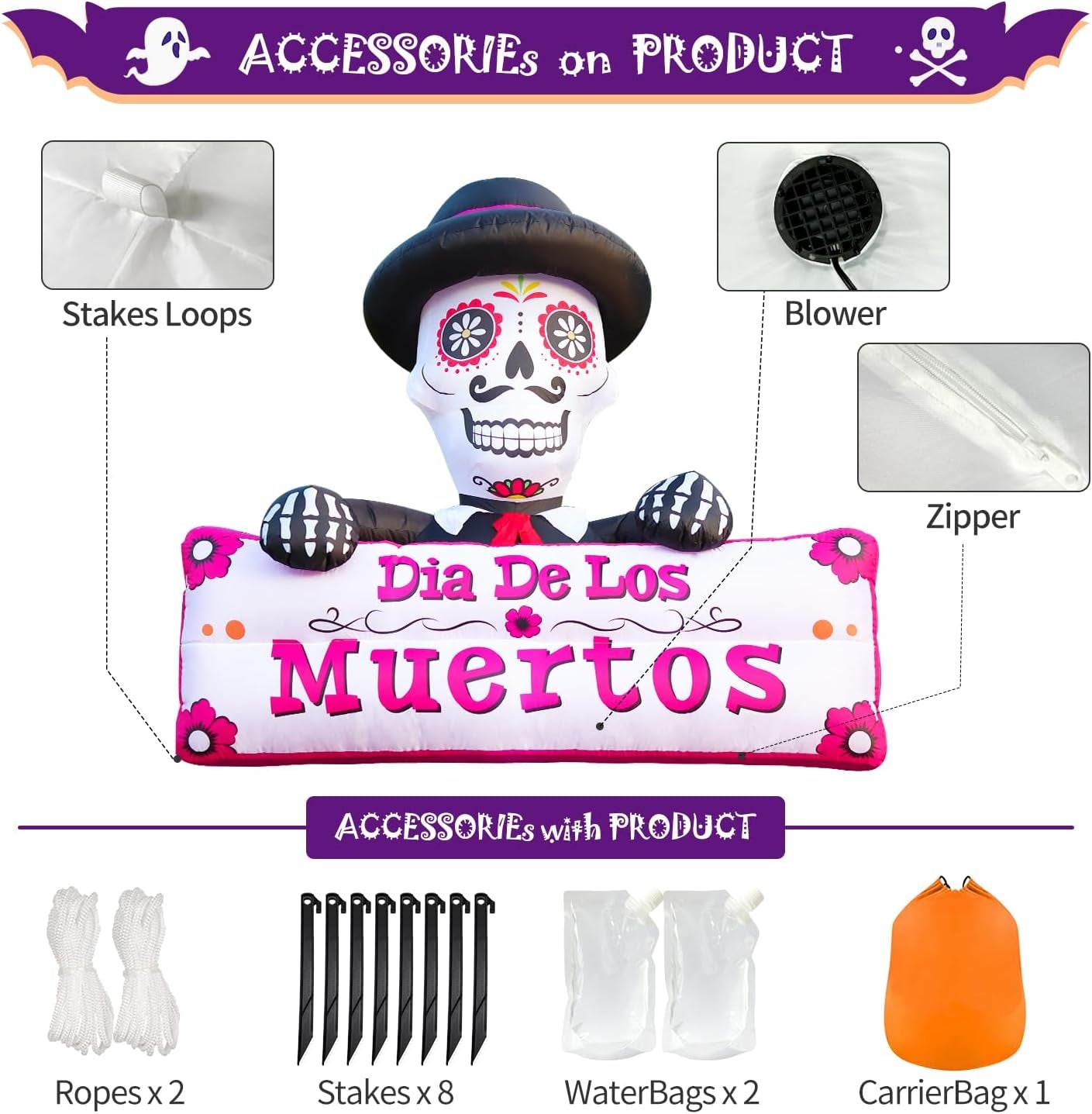 6FT Halloween Inflatable Blow Up Decorations, Dia de Los Muertos Day of Dead Banner, Build-in LED Lights Holiday Blow Up Yard Decoration for Halloween Party Outdoor Garden Yard Lawn Decor