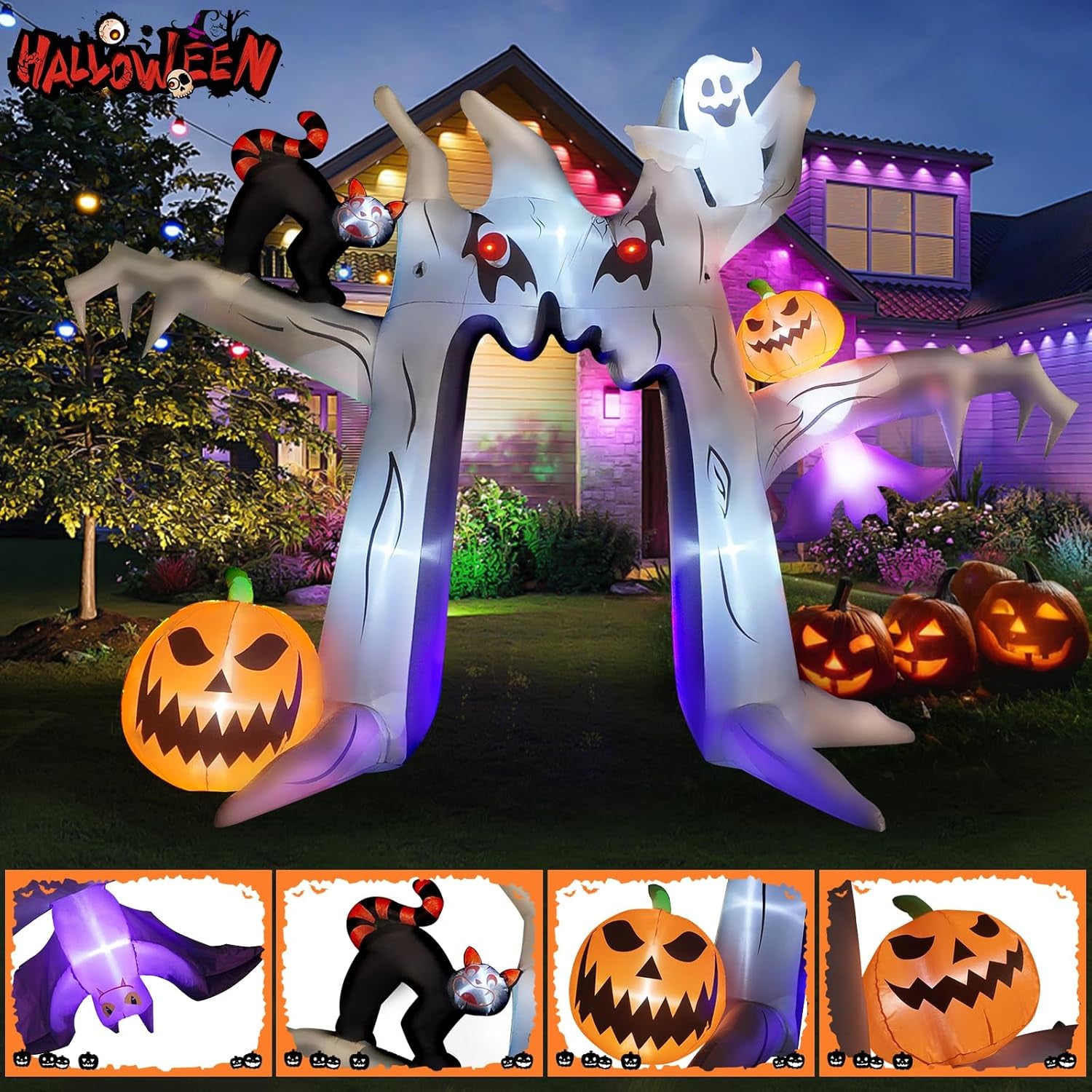 10FT Halloween Inflatable Archway, Giant Blow up Arch Yard Decorations withTree, Pumpkin, Bat, Ghost &Cat, Outdoor Halloween Decorations Build-in LEDs Lights for Yard, Party, Garden, Lawn