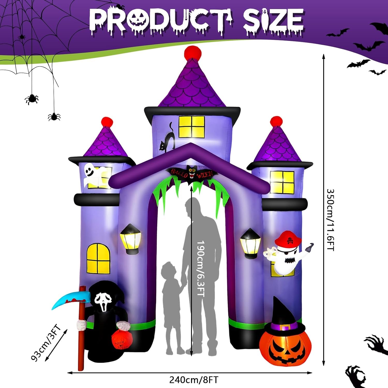 11.6FT Halloween Inflatable Arch Outdoor Decoration with Built-in LEDs Lights, Large Blow Up Purple Castle Archway with Ghost & Pumpkin for Outside/Indoor Xmas,Yard,Garden,Lawn,Holiday Decor