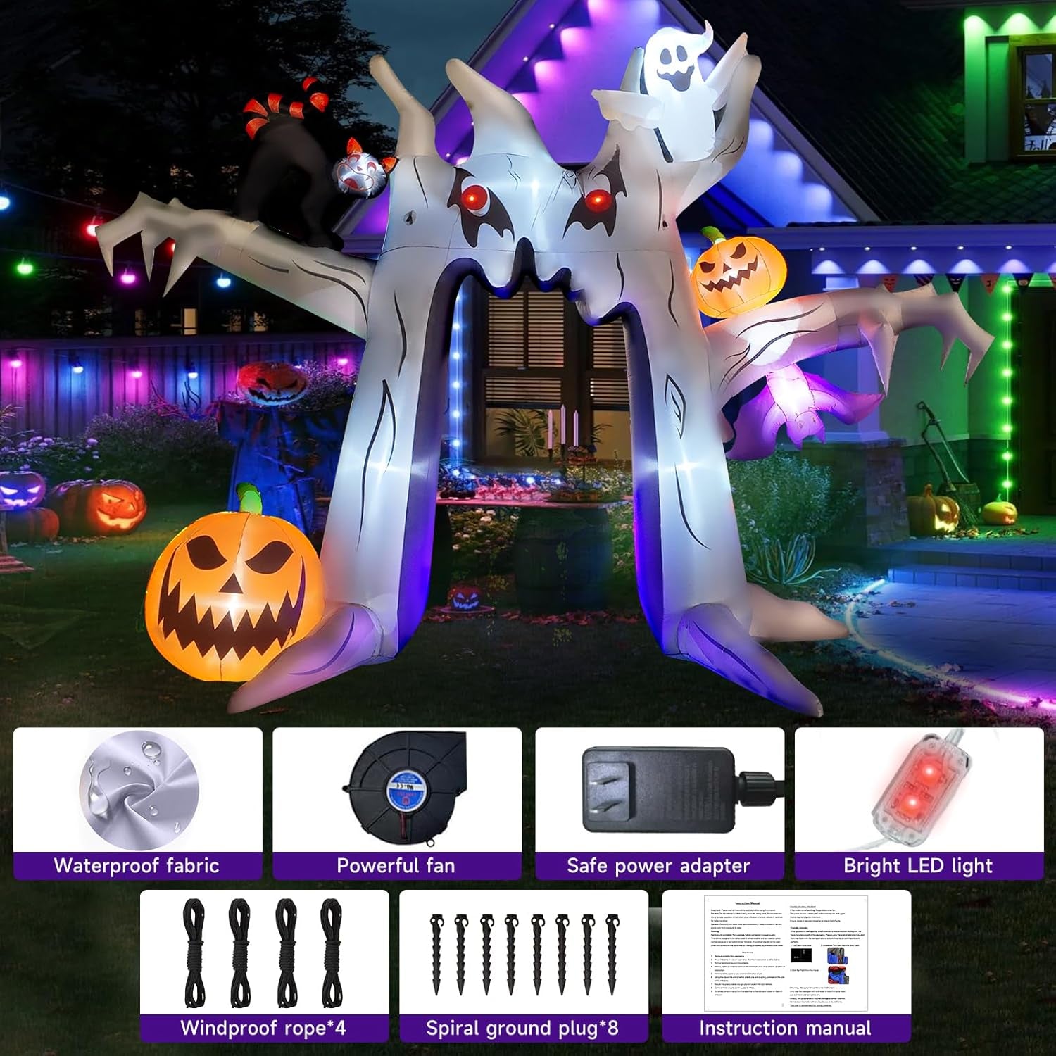 10FT Halloween Inflatable Archway, Giant Blow up Arch Yard Decorations withTree, Pumpkin, Bat, Ghost &Cat, Outdoor Halloween Decorations Build-in LEDs Lights for Yard, Party, Garden, Lawn