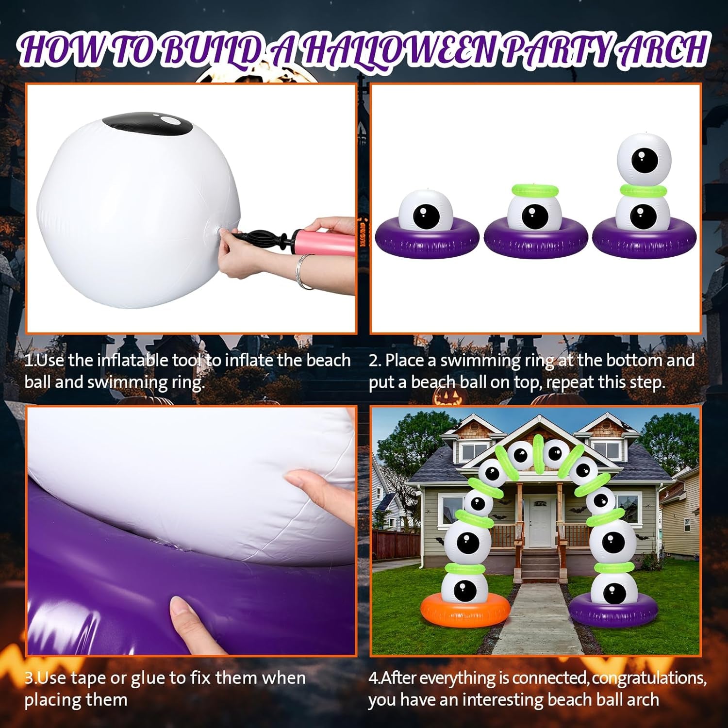 21 Pack Halloween Party Arch Kit Include 4 Large 24 Inch Inflatable Eyeballs, 6 Pcs 16 Inch Eyeball Beach Balls and 11 Inflatable Pool Swim Ring for Halloween Beach Balls Decorations Outdoor